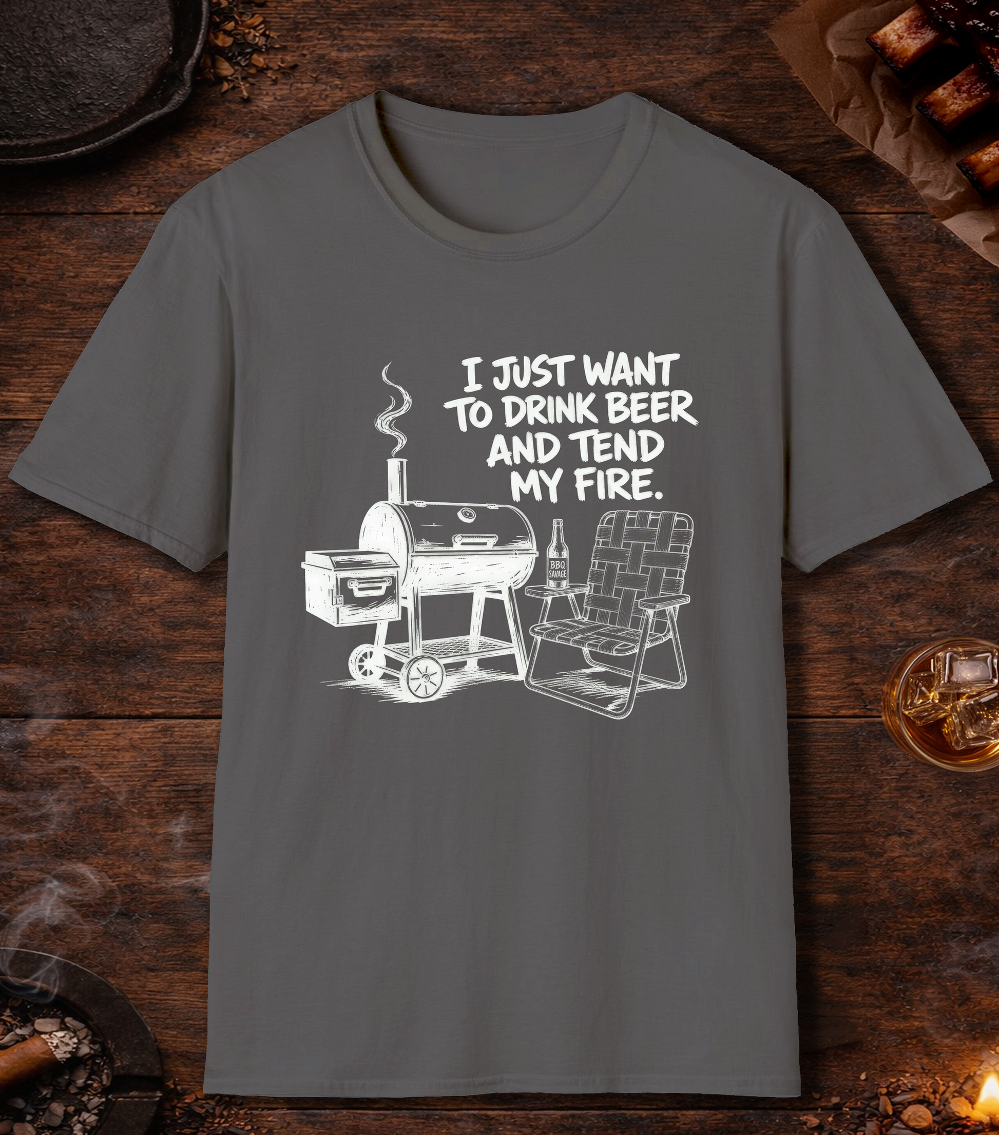 Drink Beer Tend Fire White T-Shirt - Charcoal