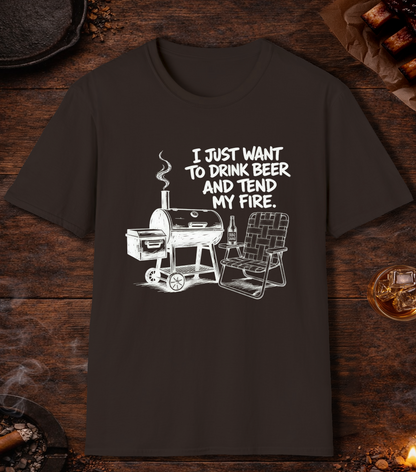 Drink Beer Tend Fire White T-Shirt - Dark Chocolate