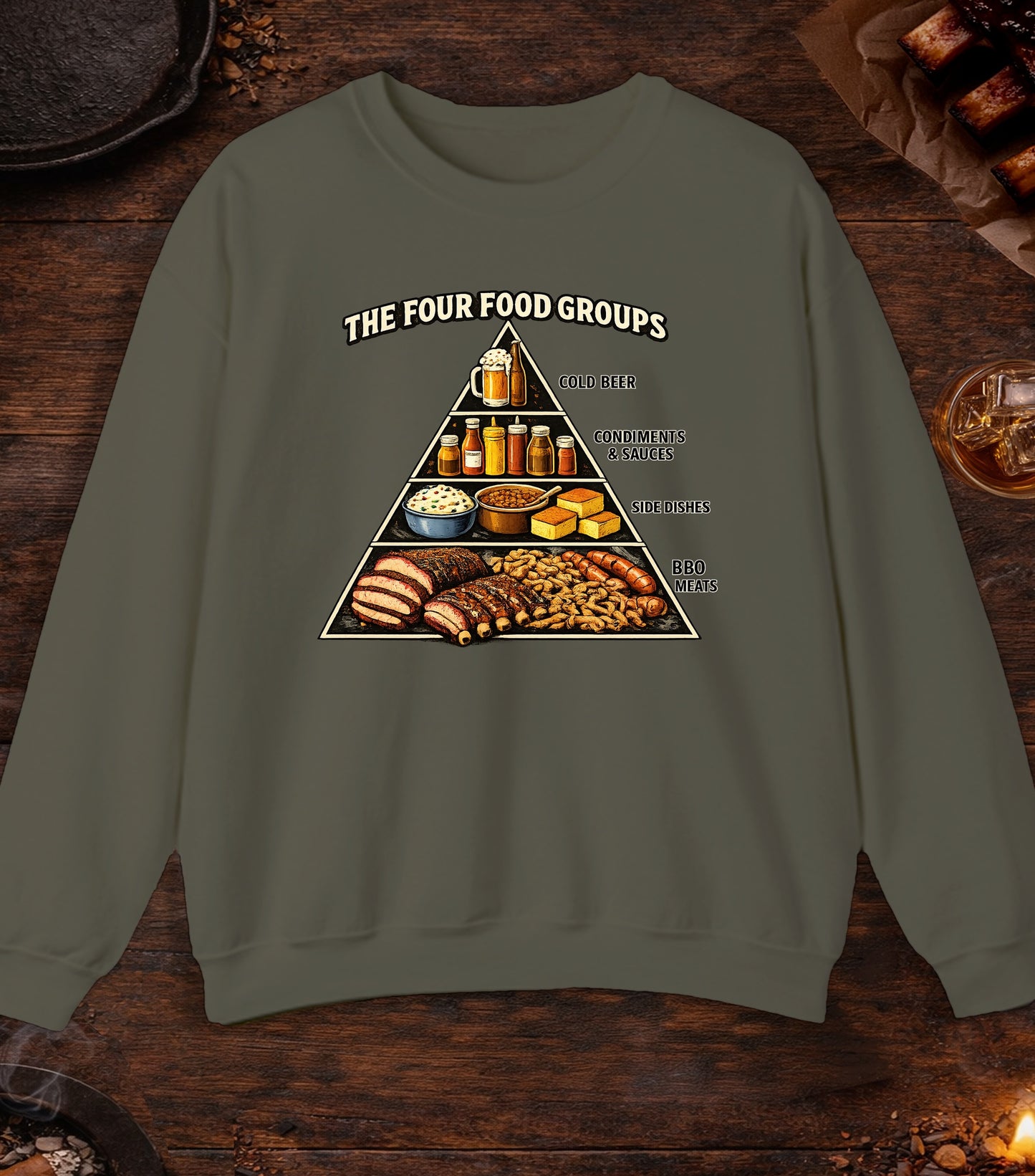 Four BBQ Food Groups Crewneck - Military Green