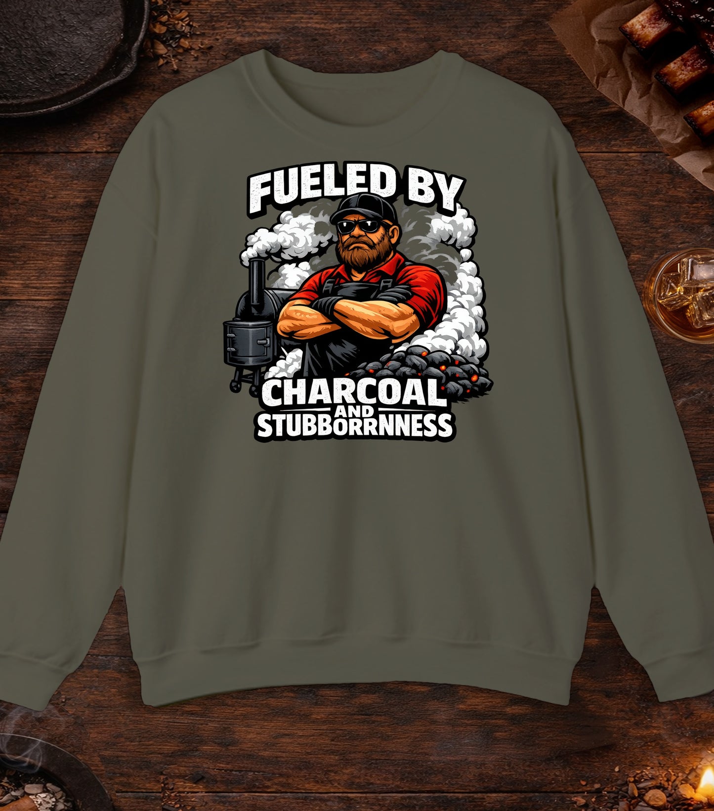 Fueled By Charcoal And Stubborness Crewneck - Military Green