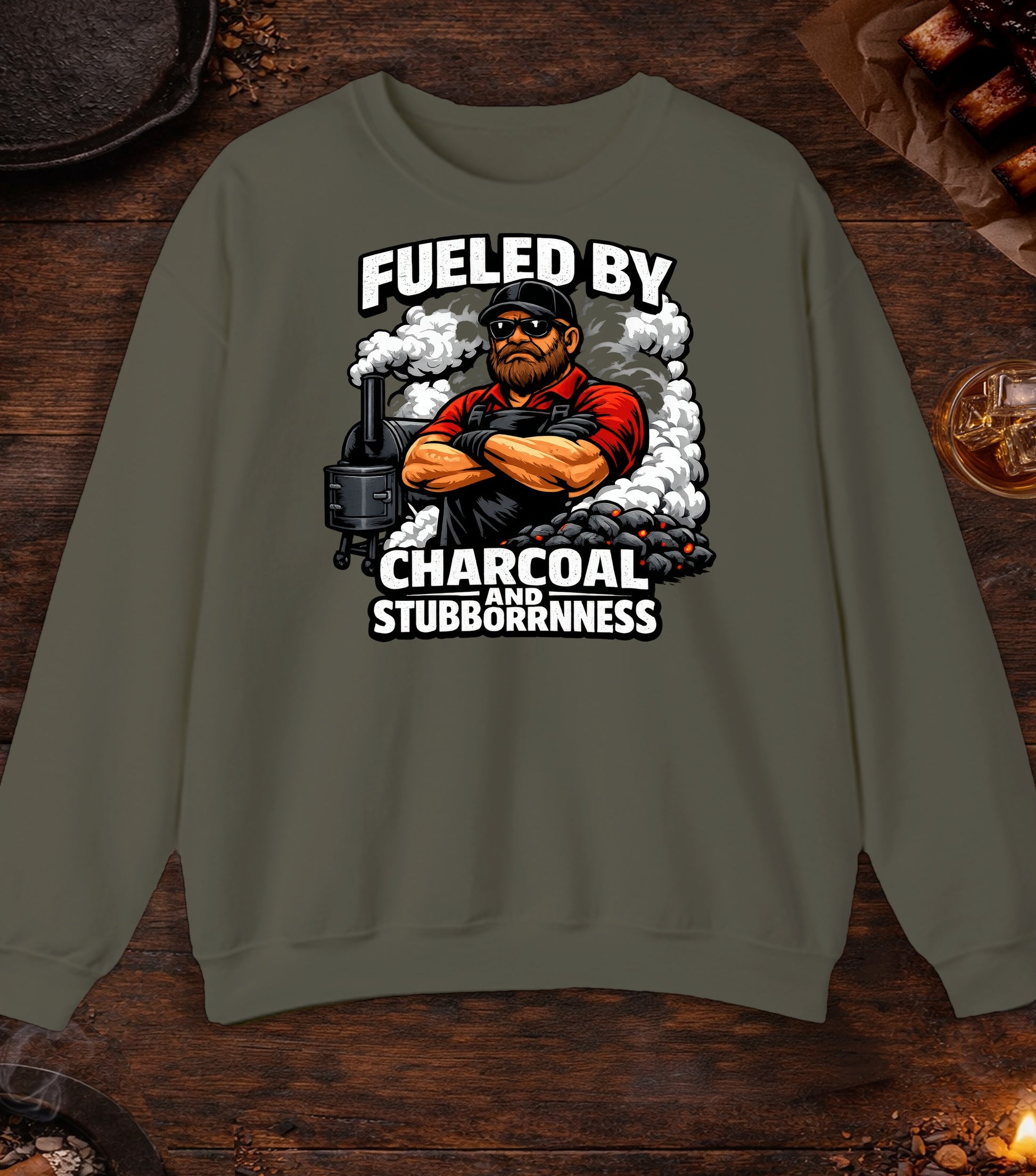 Fueled By Charcoal And Stubborness Crewneck - Military Green