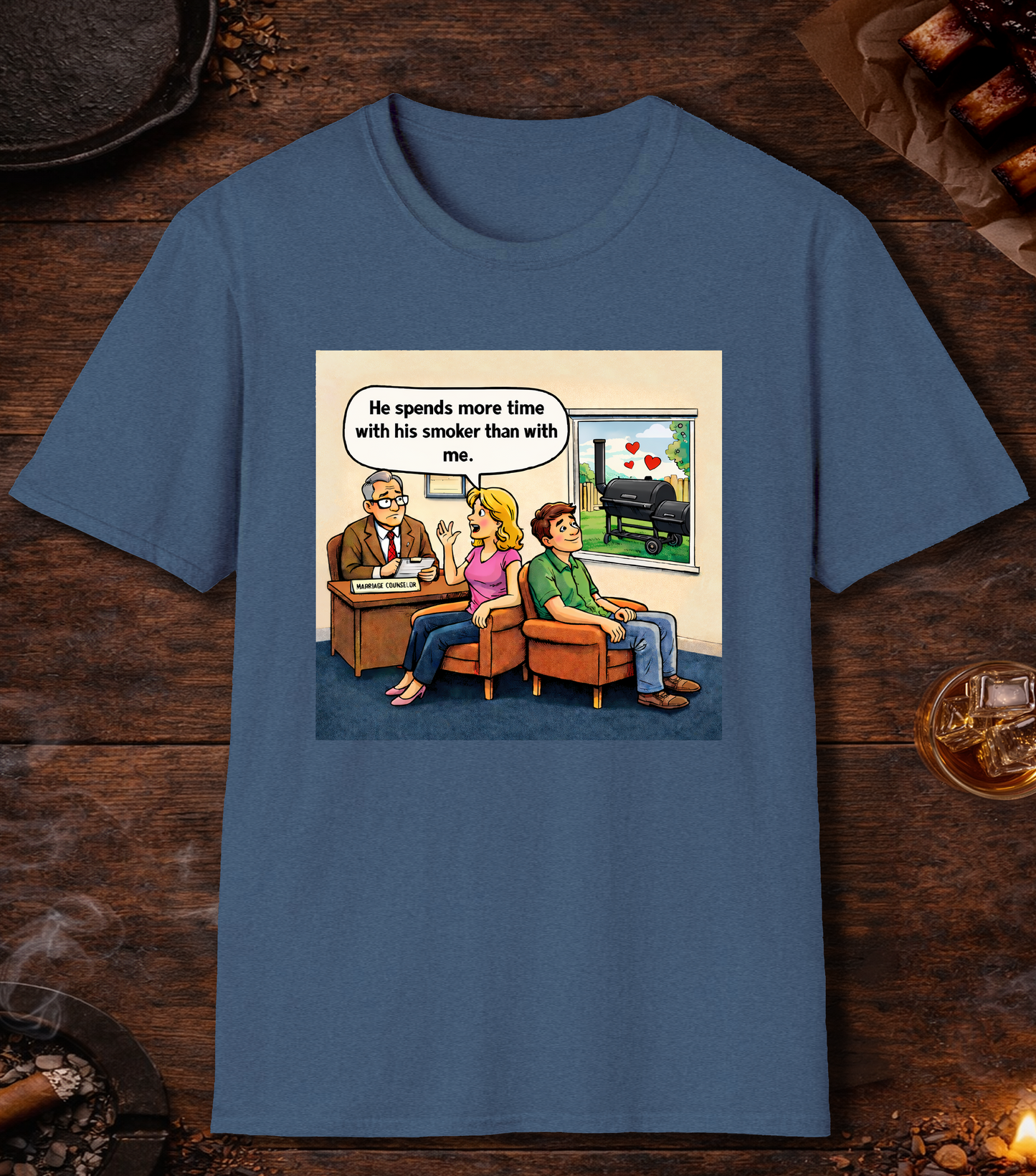 Spends More Time With Smoker Than Me T-Shirt - Heather Indigo