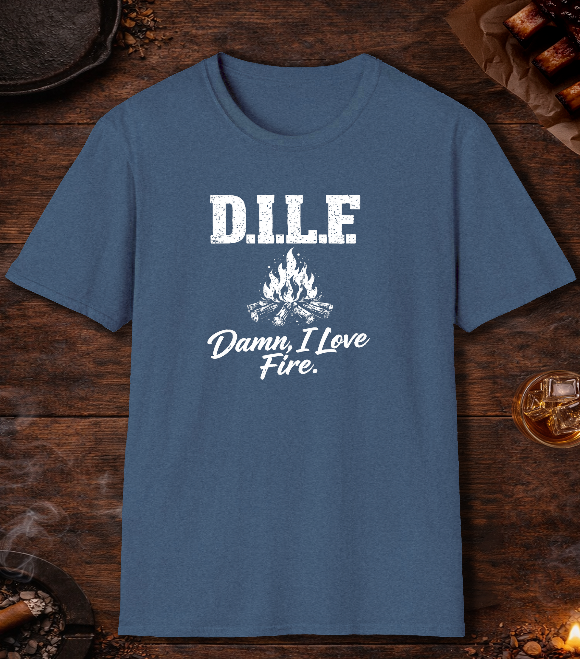 DILF Damn I Love Fire T-Shirt - Heather Indigo