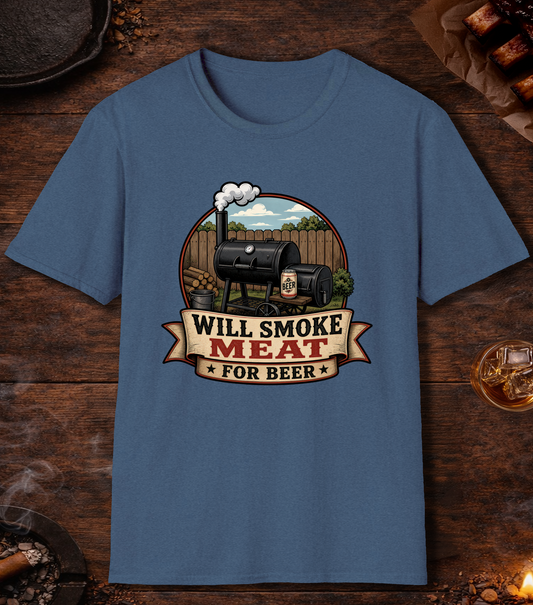 Will Smoke for Beer T-Shirt - Heather Indigo