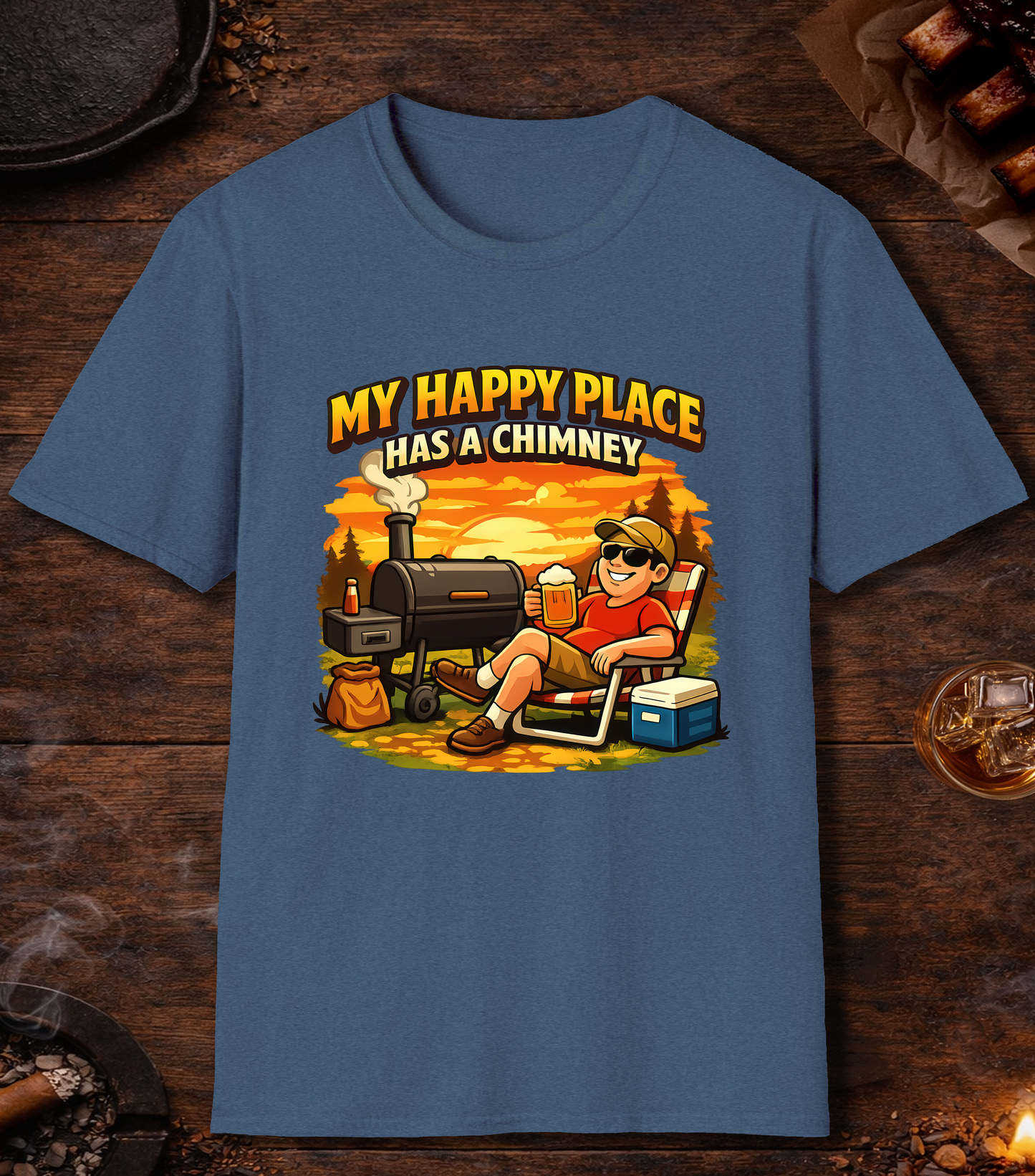 My Happy Place Has A Chimney T-Shirt - Heather Indigo