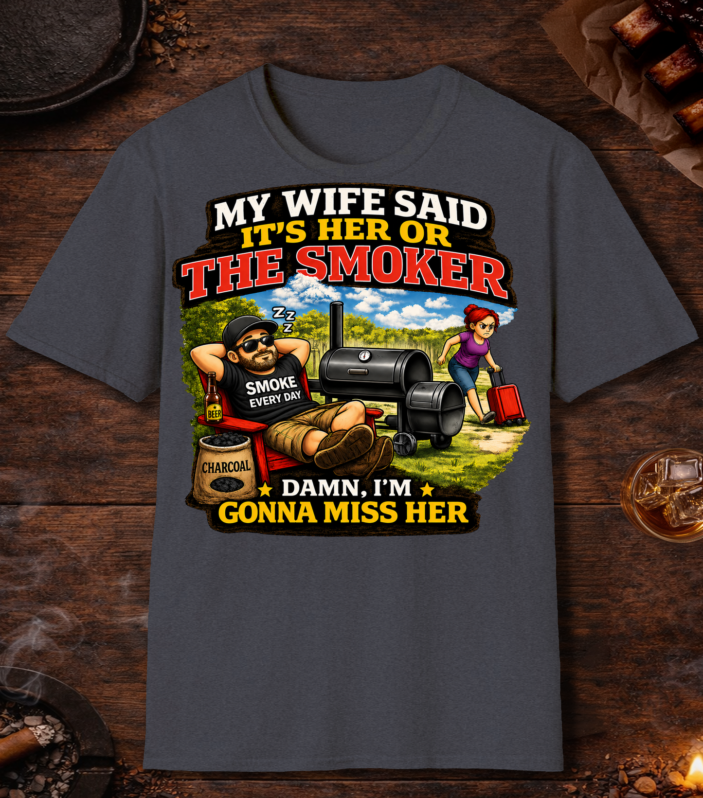 Its Her Or The Smoker T-Shirt - Heather Navy