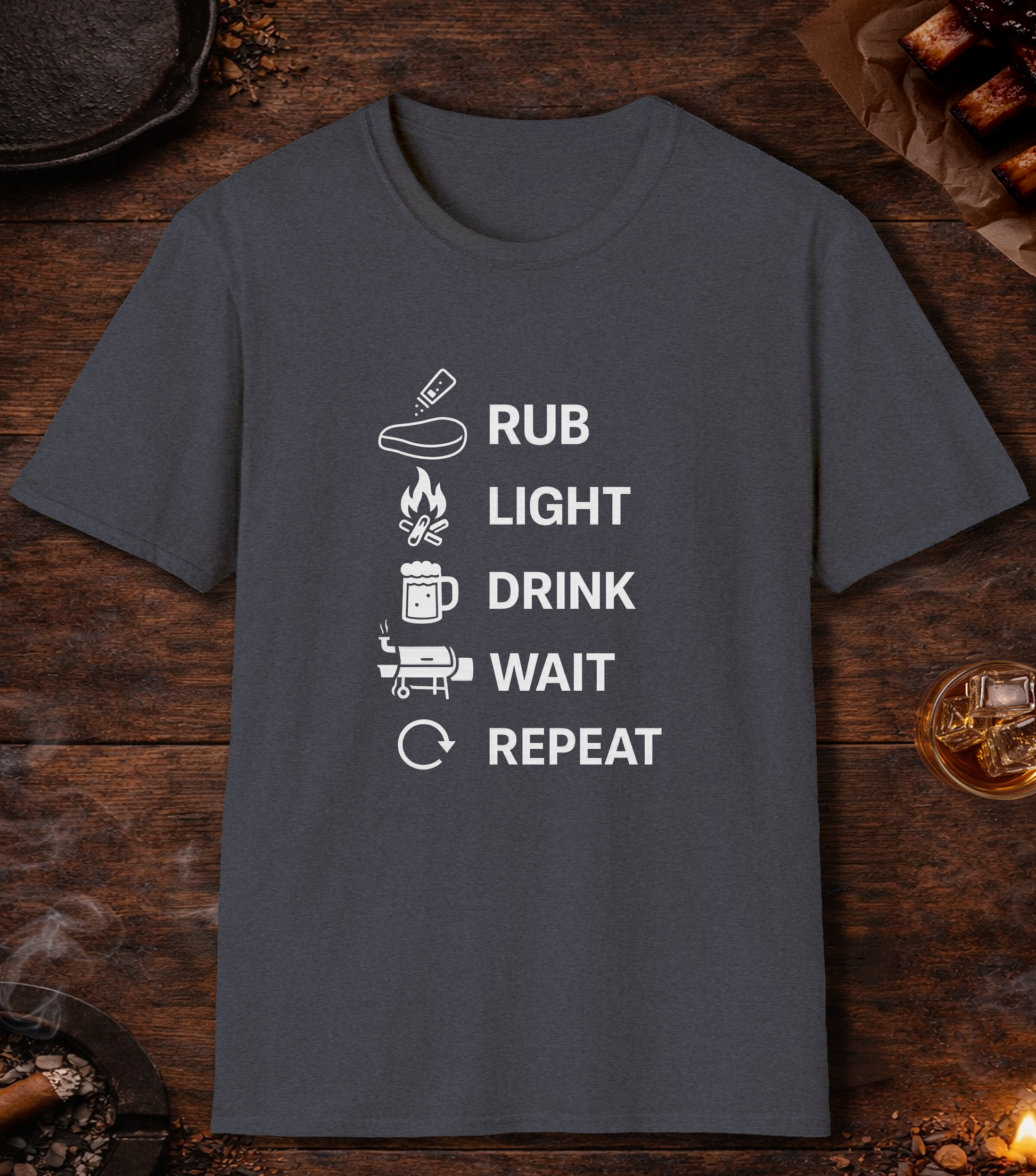 Rub Light Drink Wait Repeat T-Shirt - Heather Navy