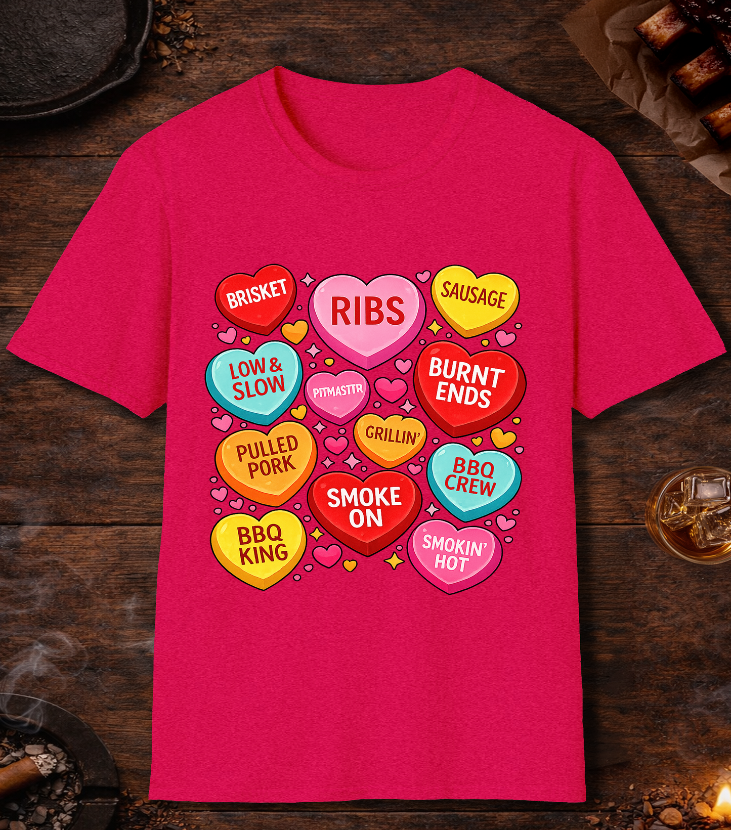 Valentines Day BBQ Hearts T-Shirt - Heather Red
