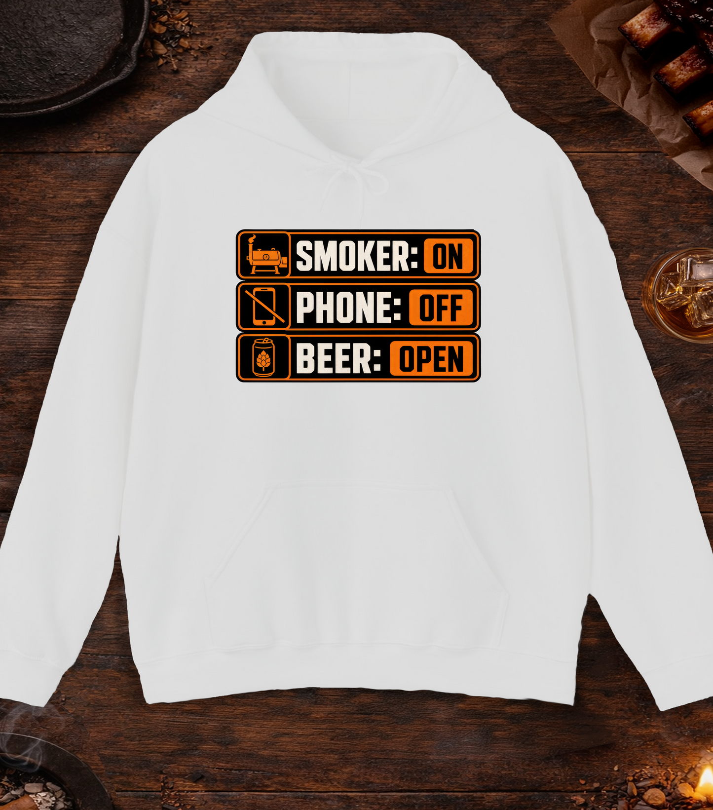 Smoker: On. Phone: Off. Beer: Open. Hoodie - Ash
