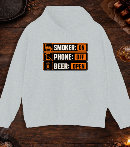Smoker: On. Phone: Off. Beer: Open. Hoodie - Ash