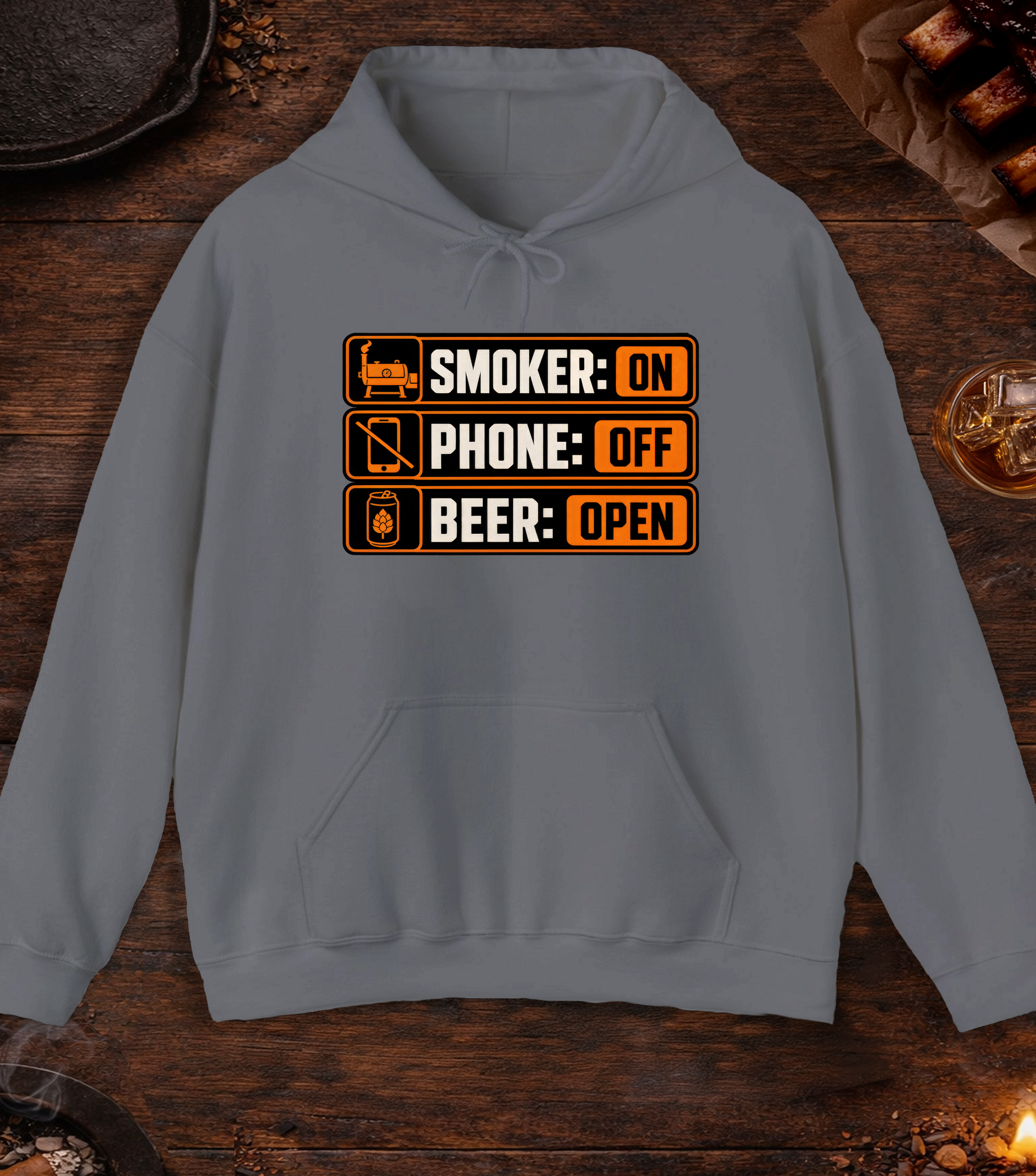 Smoker: On. Phone: Off. Beer: Open. Hoodie - Charcoal