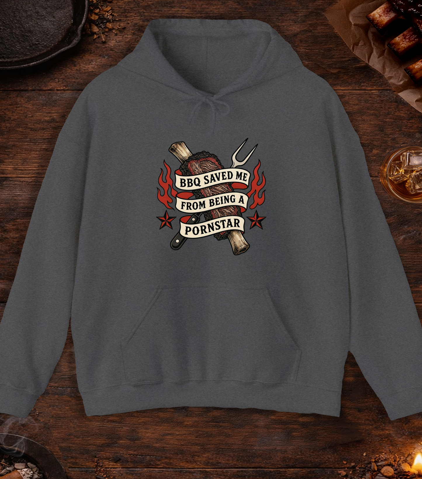 BBQ Saved Me Tattoo Hoodie - Dark Heather