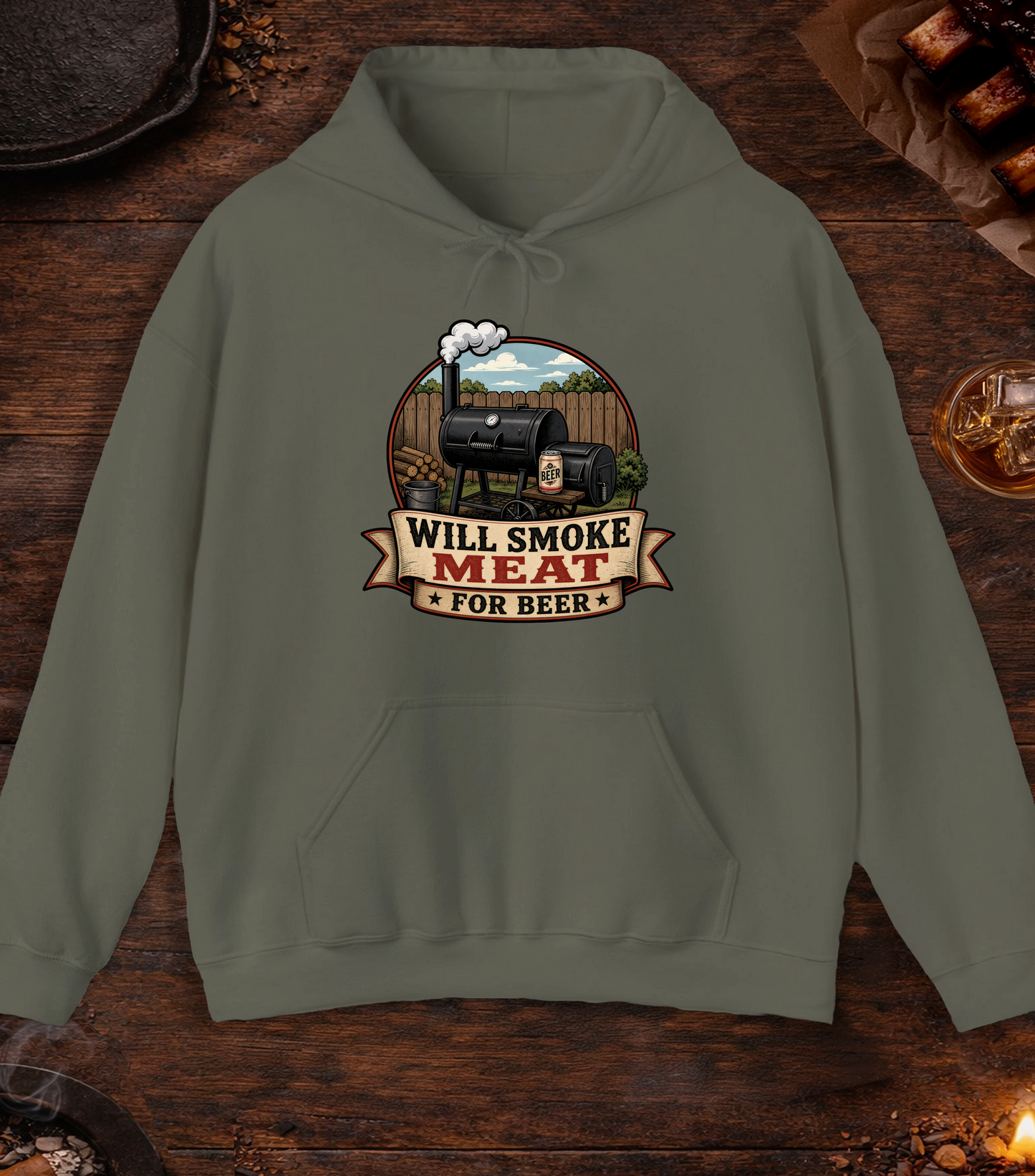 Will Smoke for Beer Hoodie - Military Green