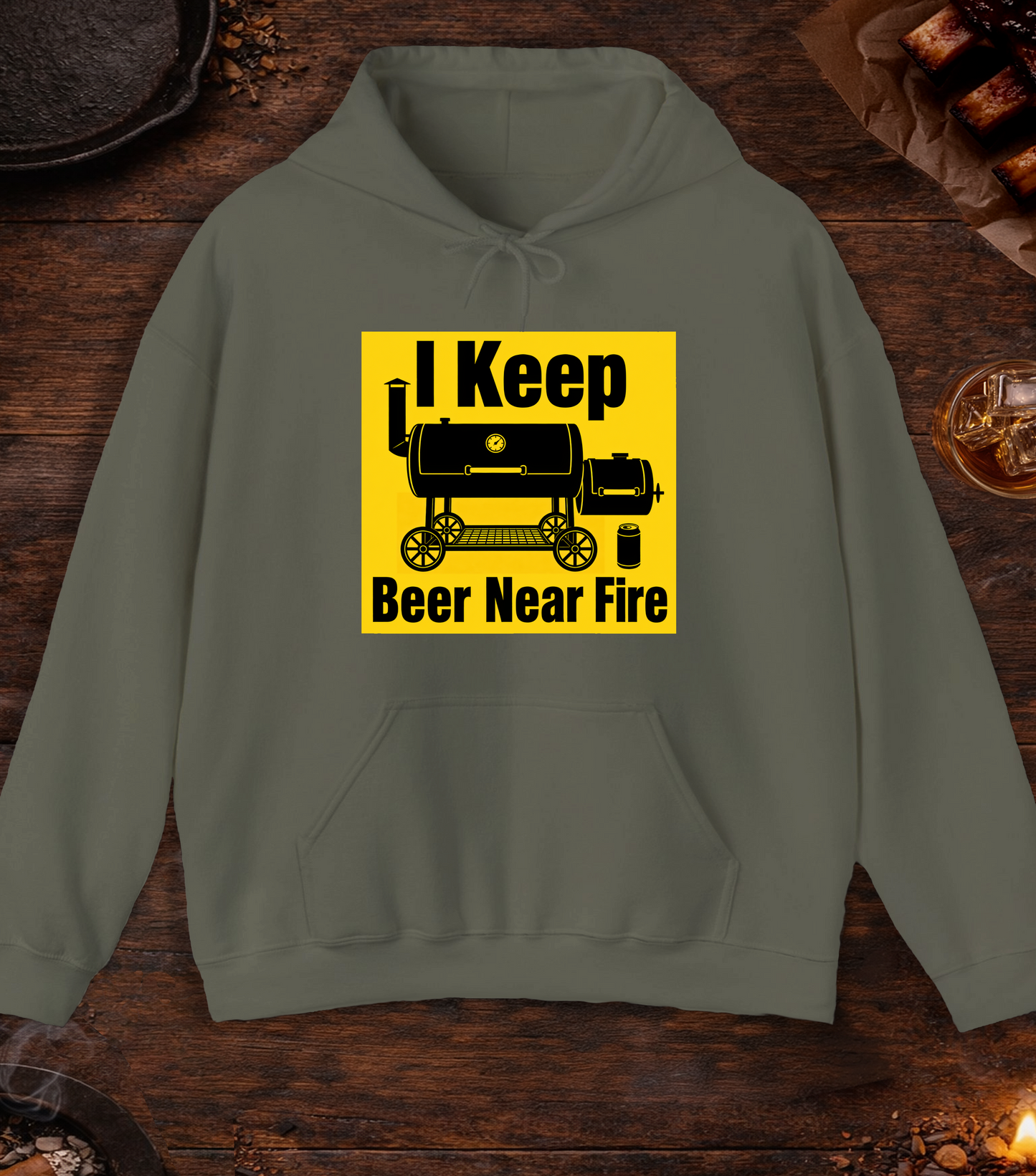 I Keep Beer Near Fire Hoodie - Military Green