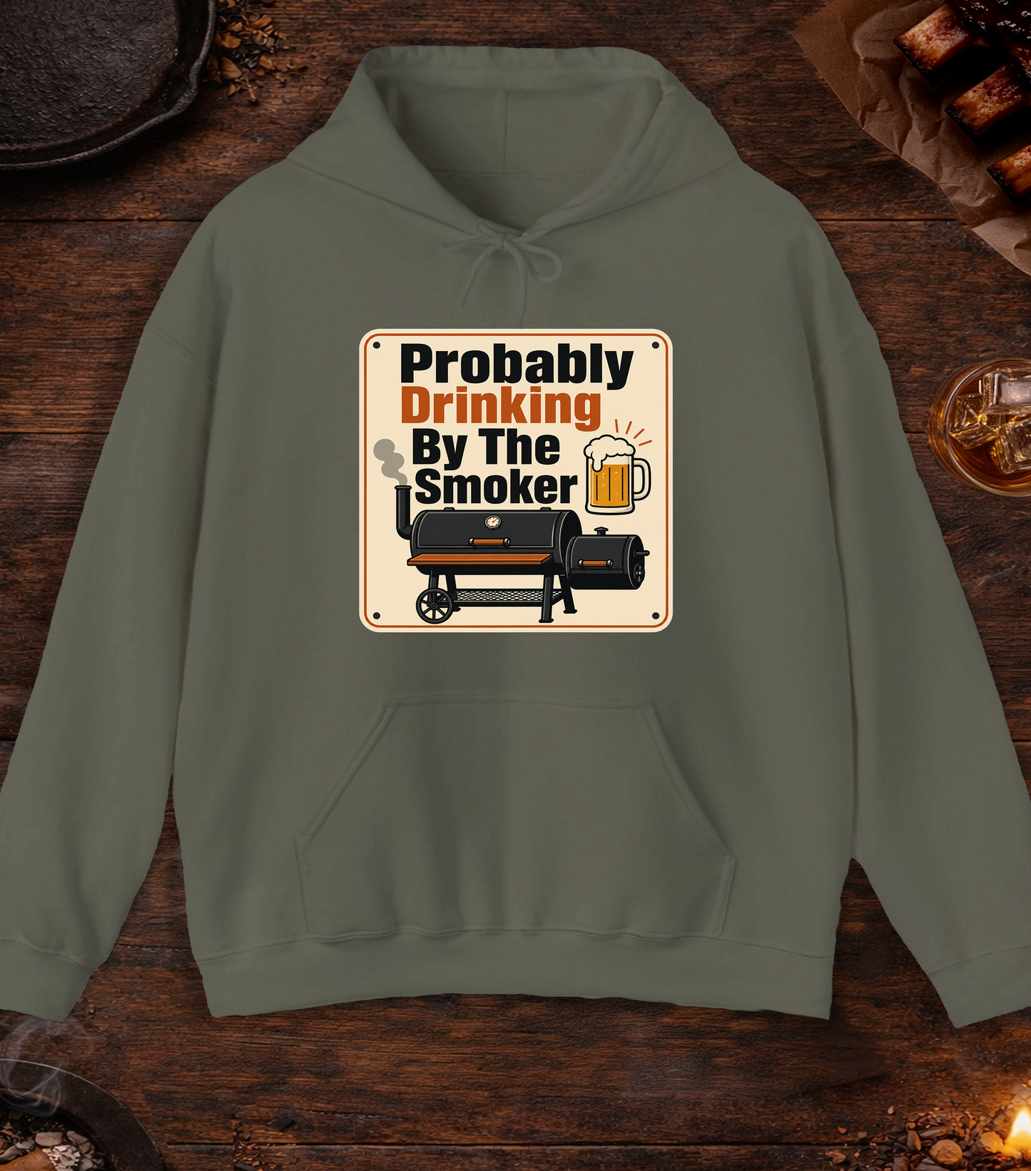 Drinking By Smoker Hoodie - Military Green