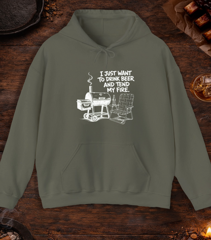 Drink Beer Tend Fire White Hoodie - Military Green