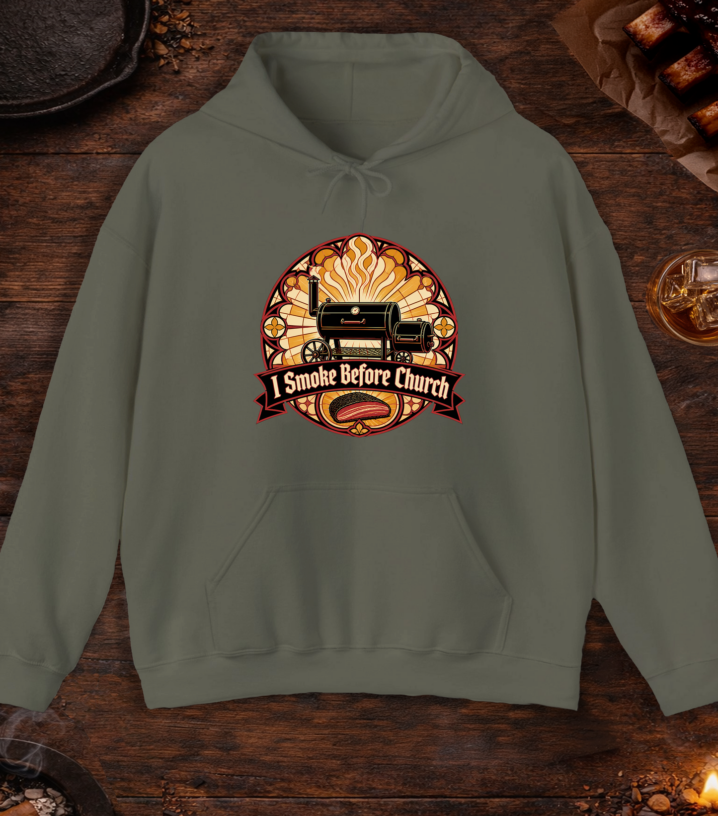 I Smoke Before Church Hoodie - Military Green