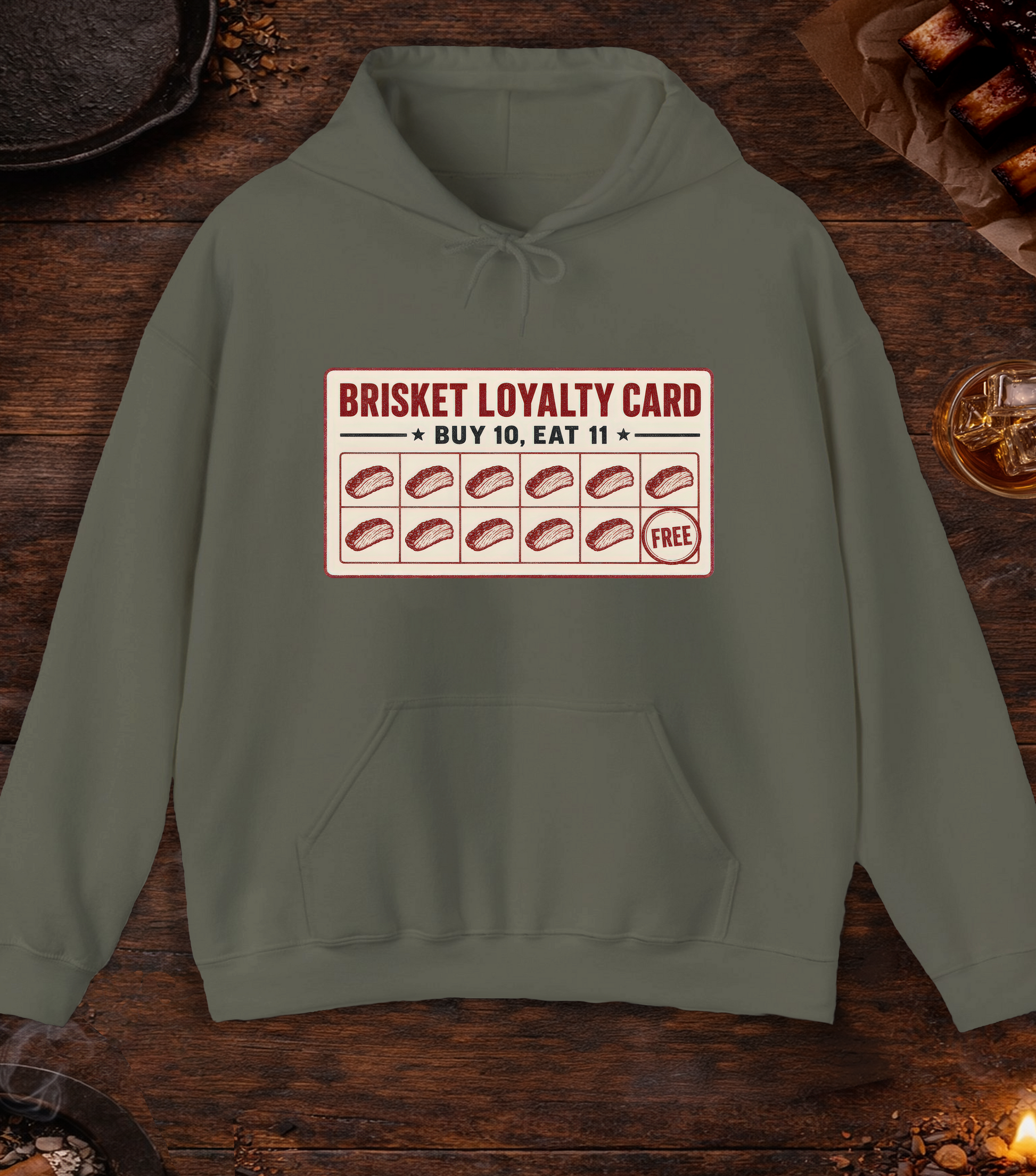 Brisket Loyalty Card Hoodie - Military Green