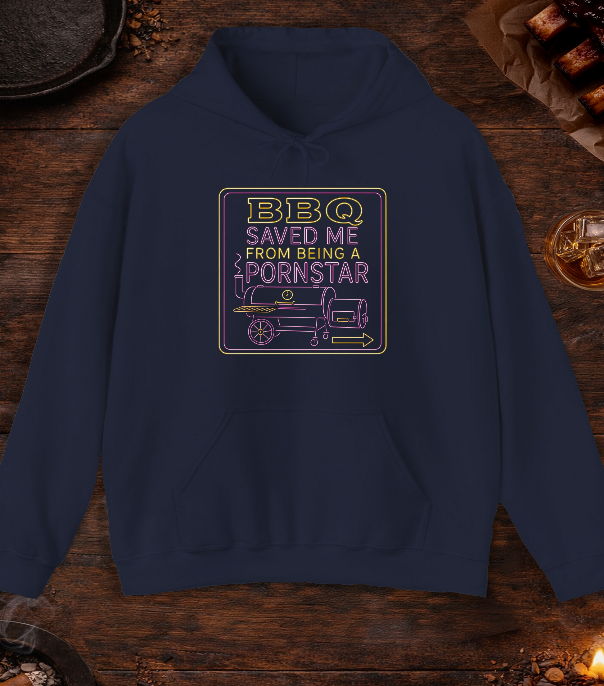 BBQ Saved Me Neon Hoodie - Navy