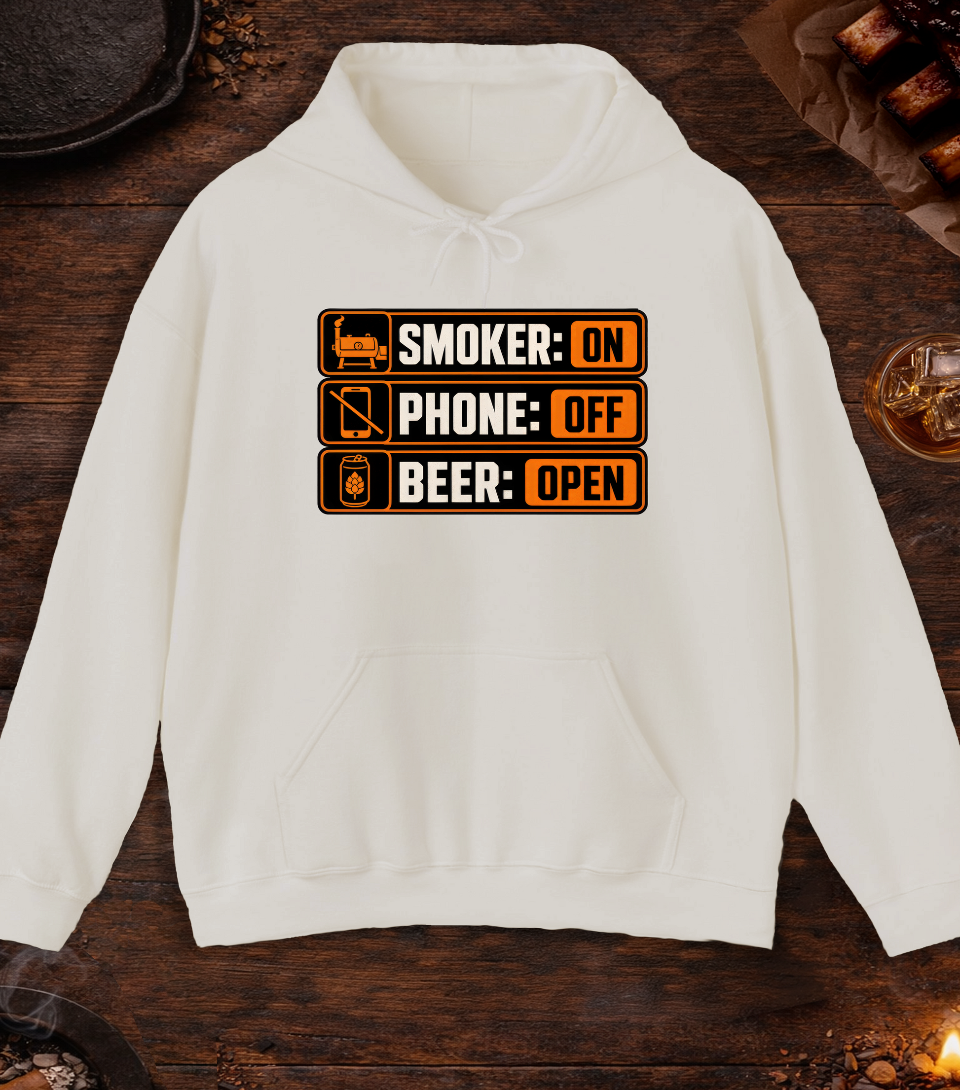 Smoker: On. Phone: Off. Beer: Open. Hoodie - Sand
