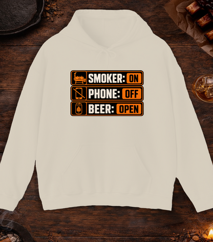 Smoker: On. Phone: Off. Beer: Open. Hoodie - Sand