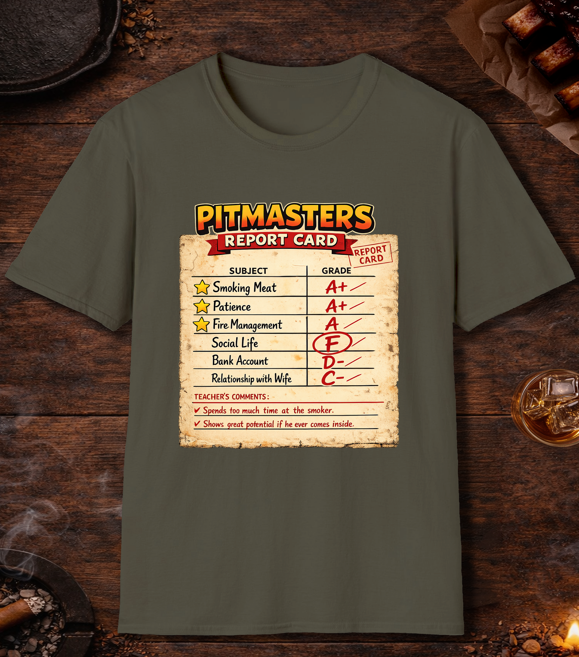 Pitmasters Report Card T-Shirt - Military Green
