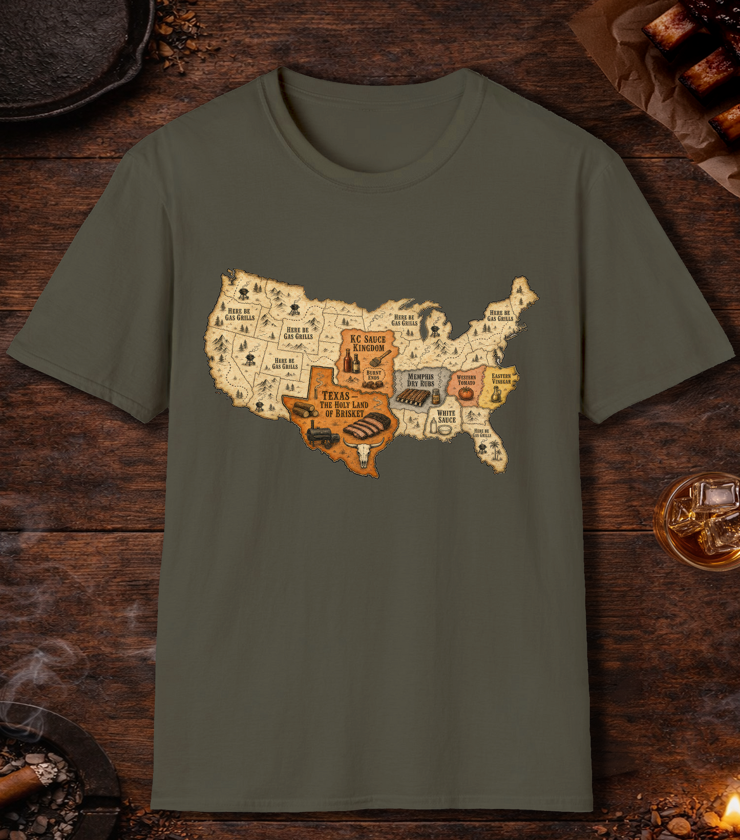 Map of BBQ T-Shirt - Military Green
