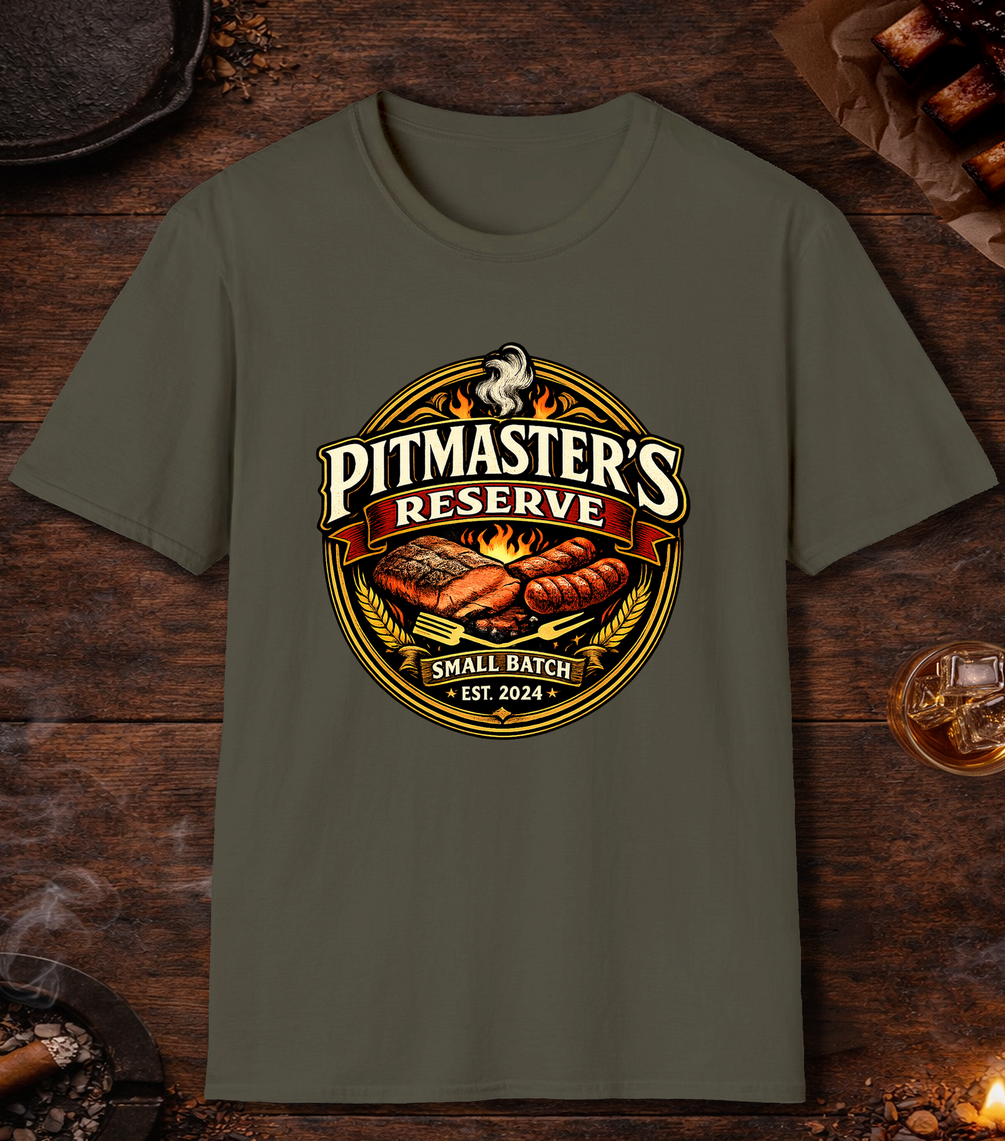 Pitmasters Reserve Beer Label T-Shirt - Military Green