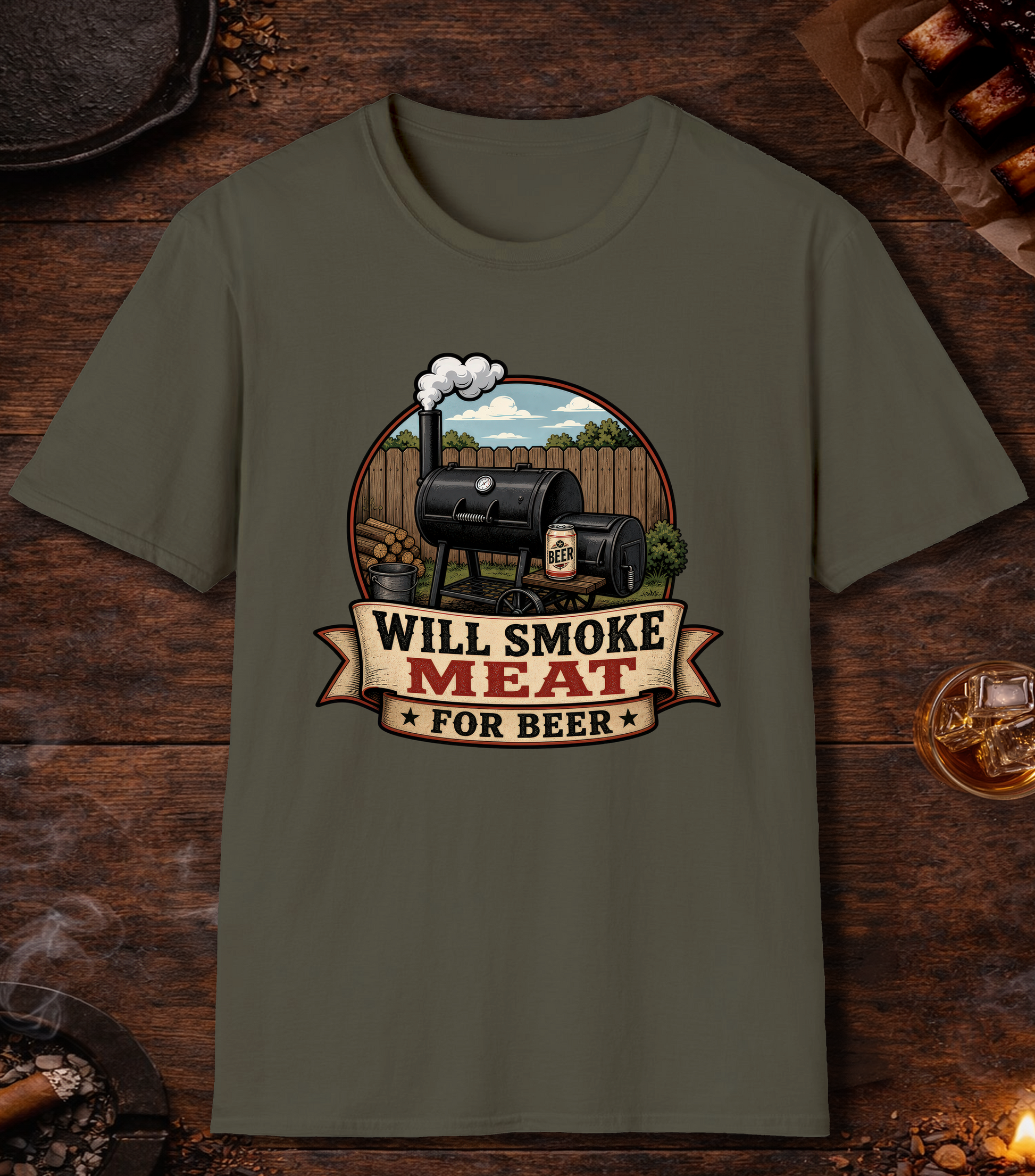 Will Smoke for Beer T-Shirt - Military Green
