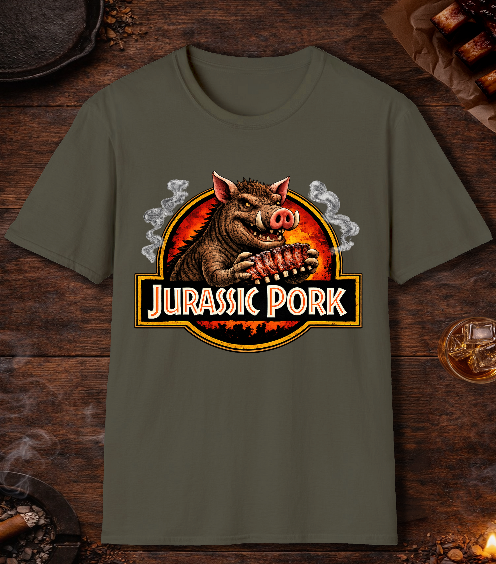Jurassic Pork Parody T-Shirt - Military Green