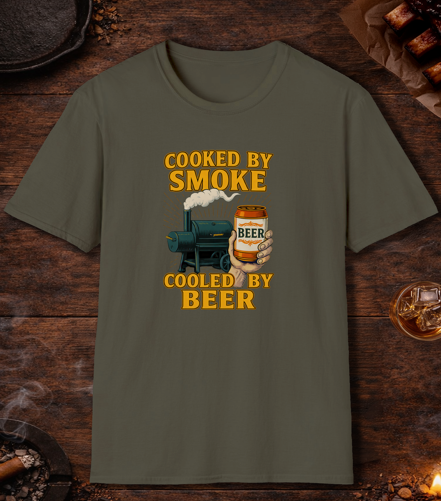 Cooked By Smoke Cooled By Beer T-Shirt - Military Green