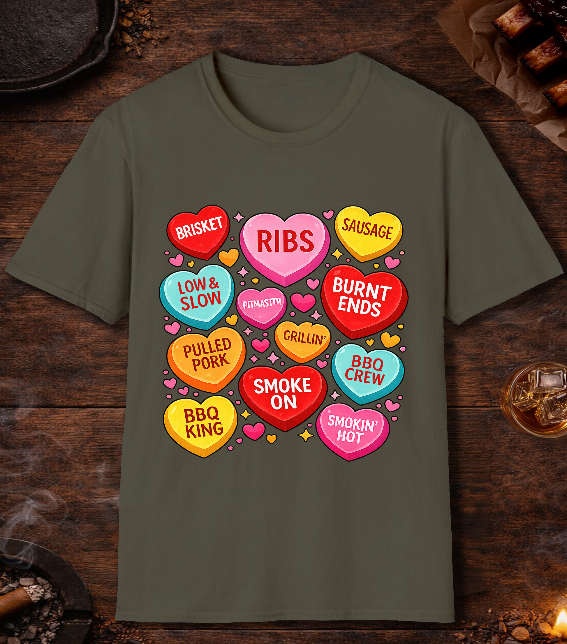 Valentines Day BBQ Hearts T-Shirt - Military Green