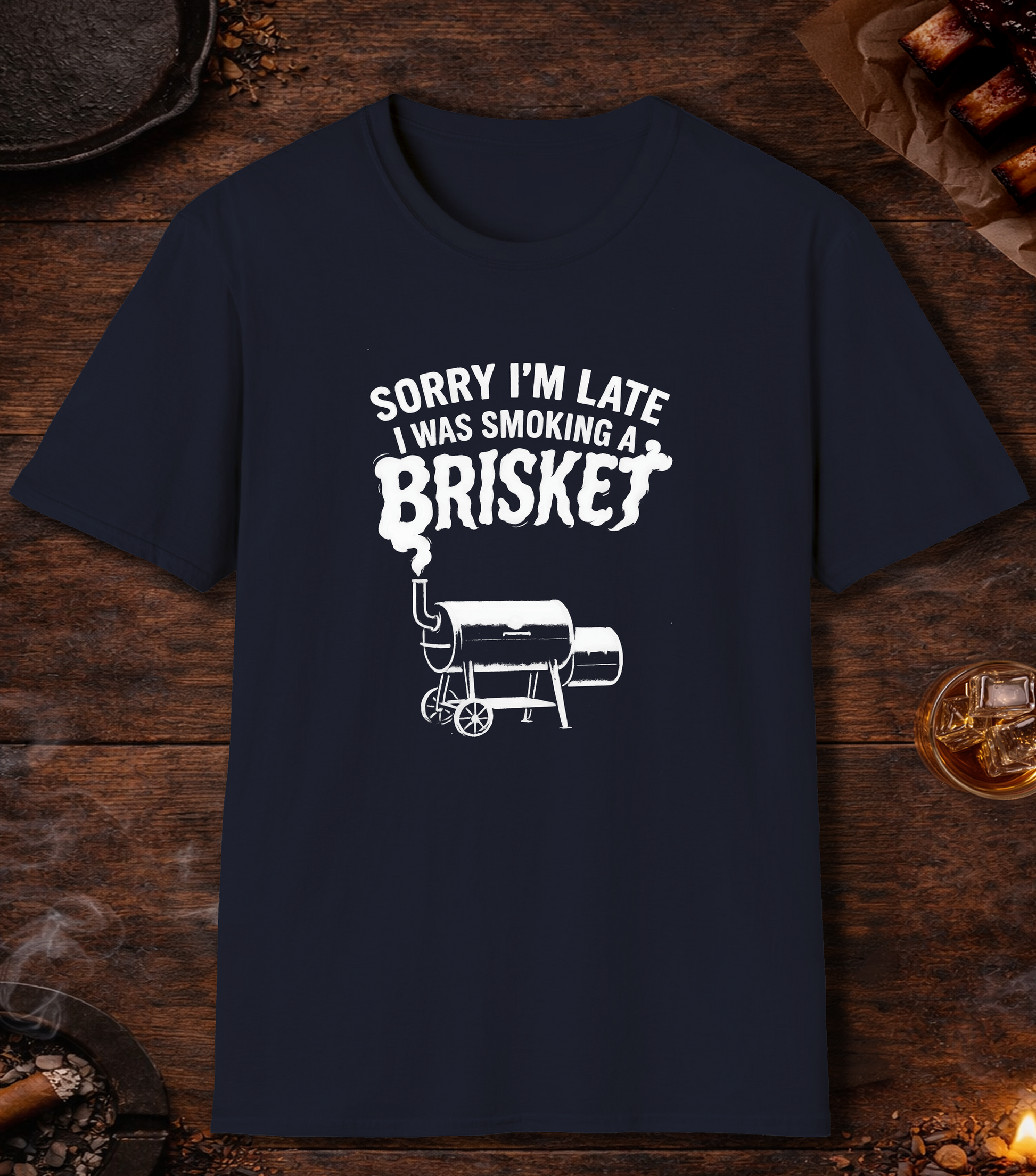 Sorry Late Smoking Brisket T-Shirt - Navy