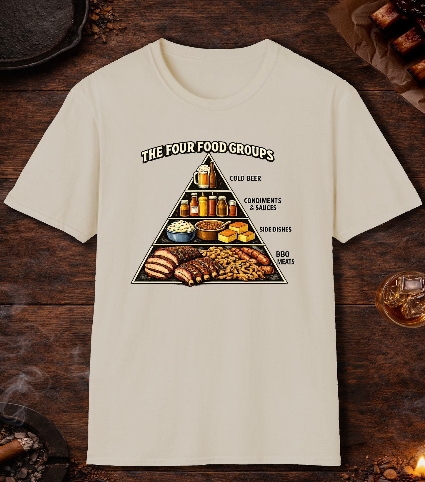 Four BBQ Food Groups T-Shirt - Sand