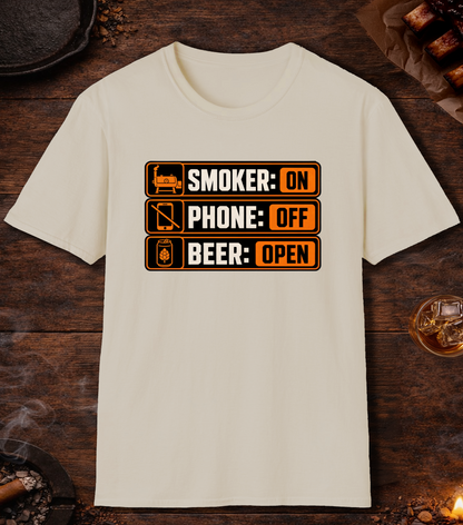 Smoker: On. Phone: Off. Beer: Open. T-Shirt - Sand