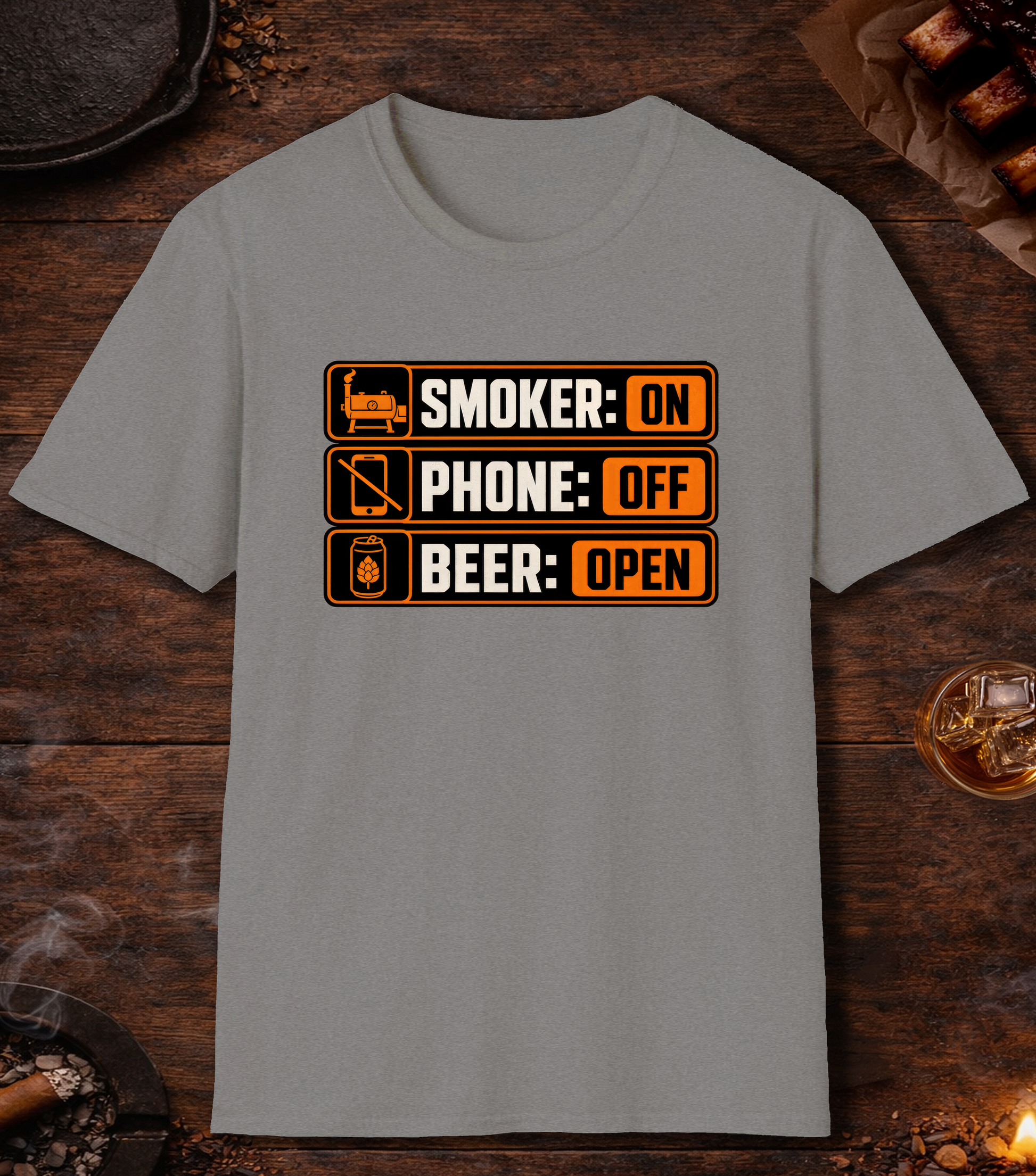 Smoker: On. Phone: Off. Beer: Open. T-Shirt - Sport Grey