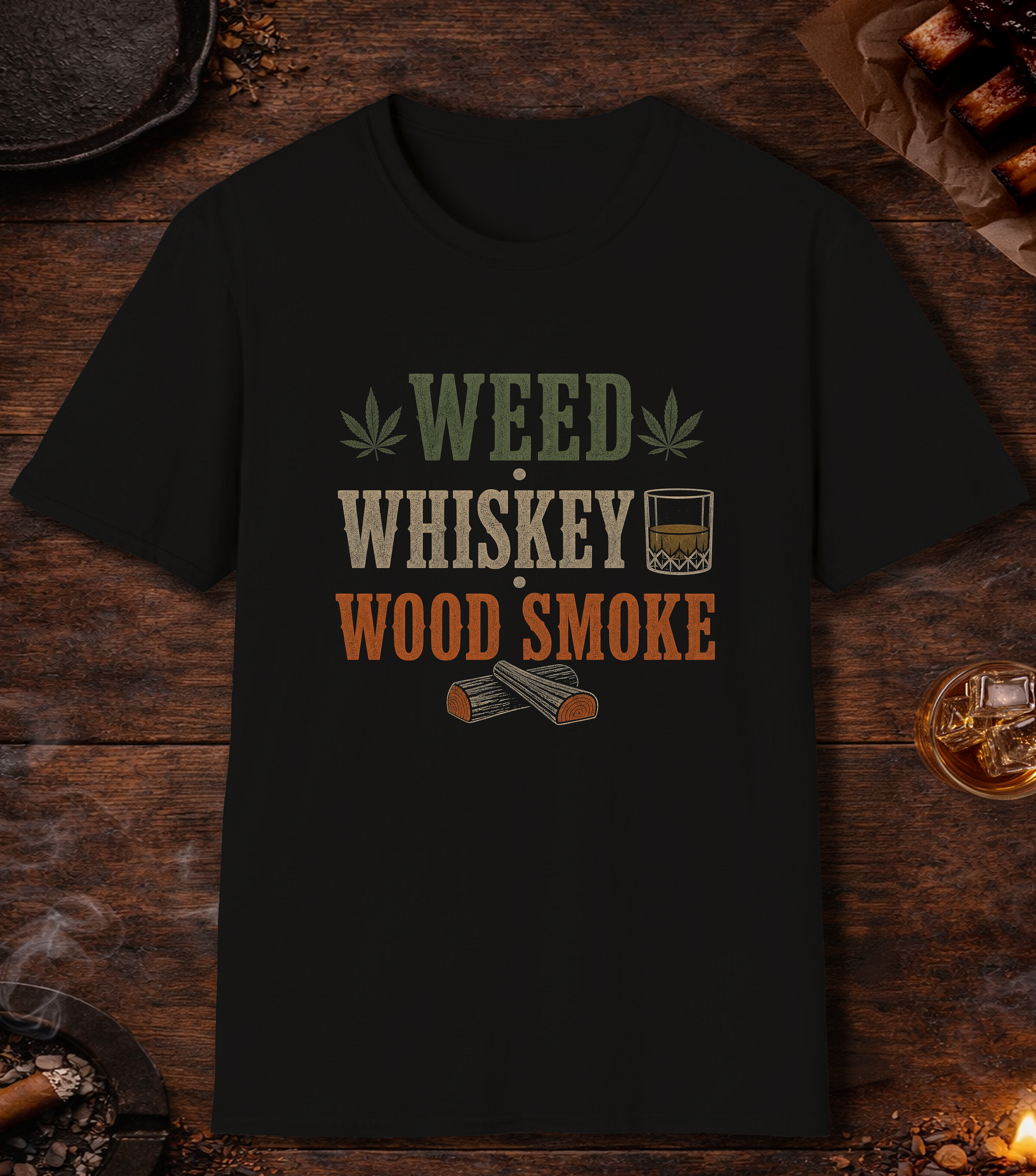 Weed Whiskey Wood Smoke T-Shirt - Black