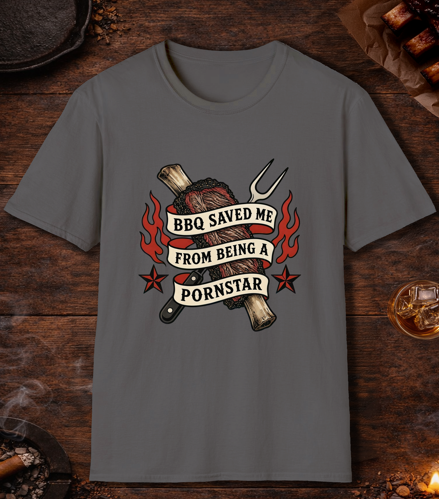 BBQ Saved Me Tattoo T-Shirt - Charcoal