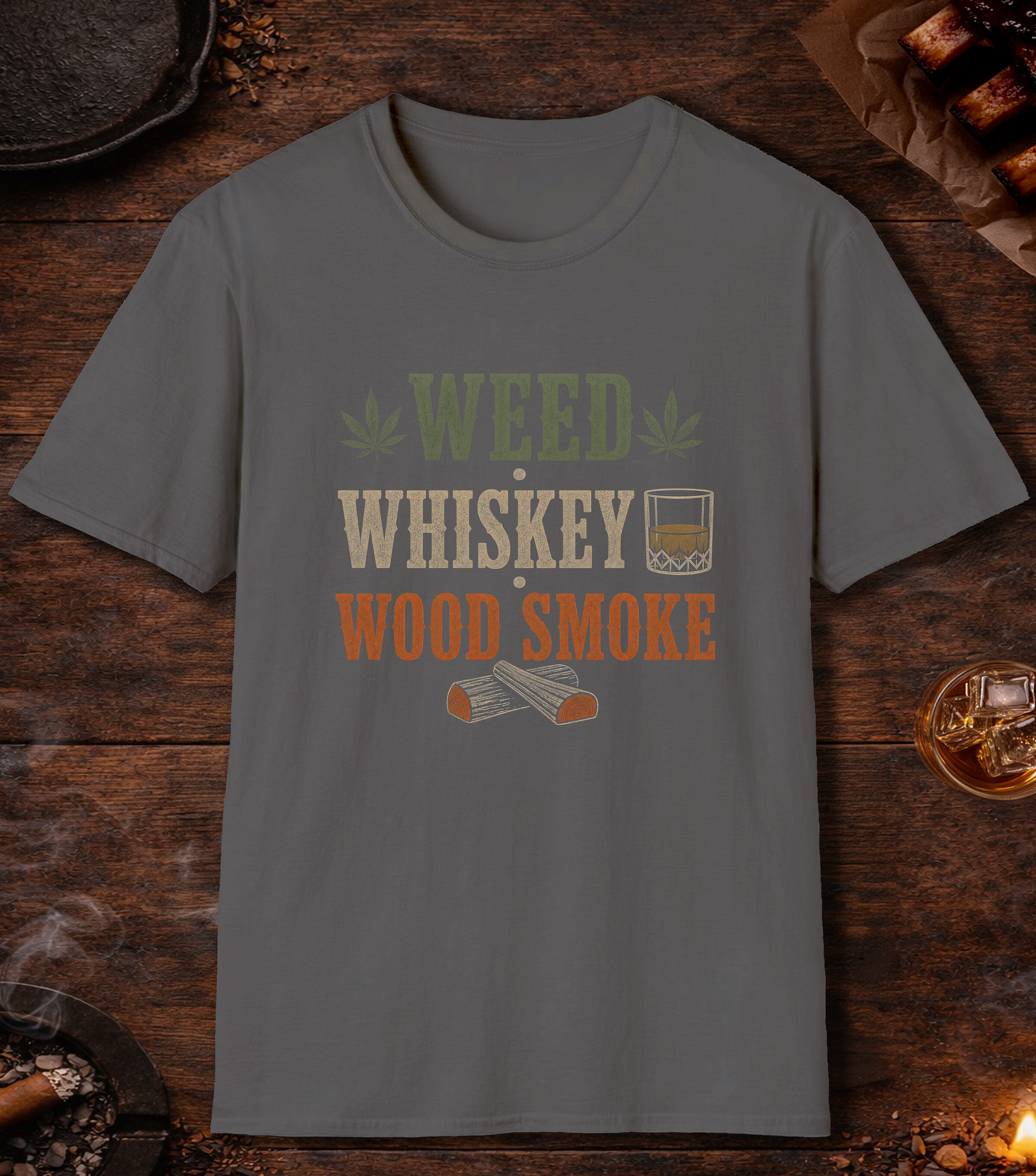 Weed Whiskey Wood Smoke T-Shirt - Charcoal