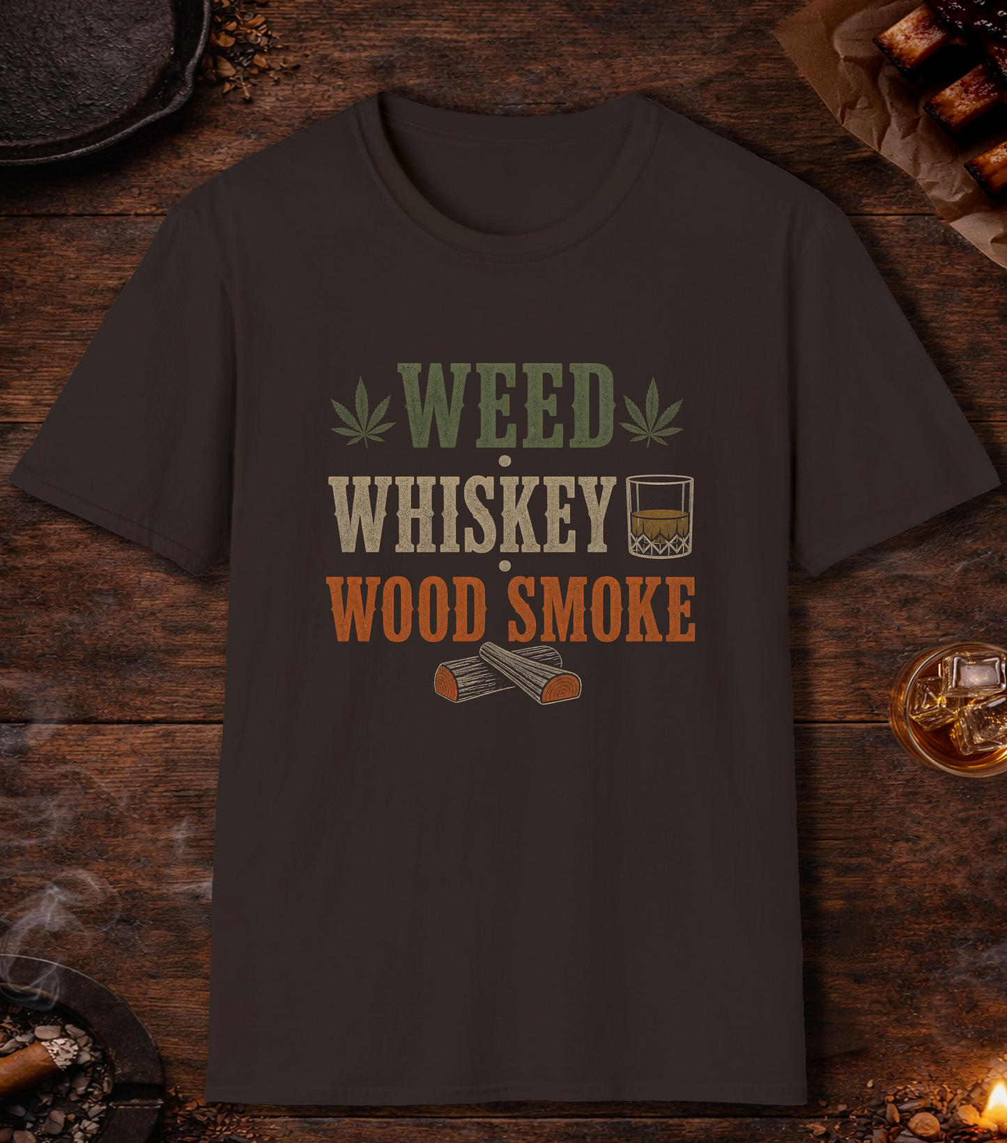 Weed Whiskey Wood Smoke T-Shirt - Dark Chocolate