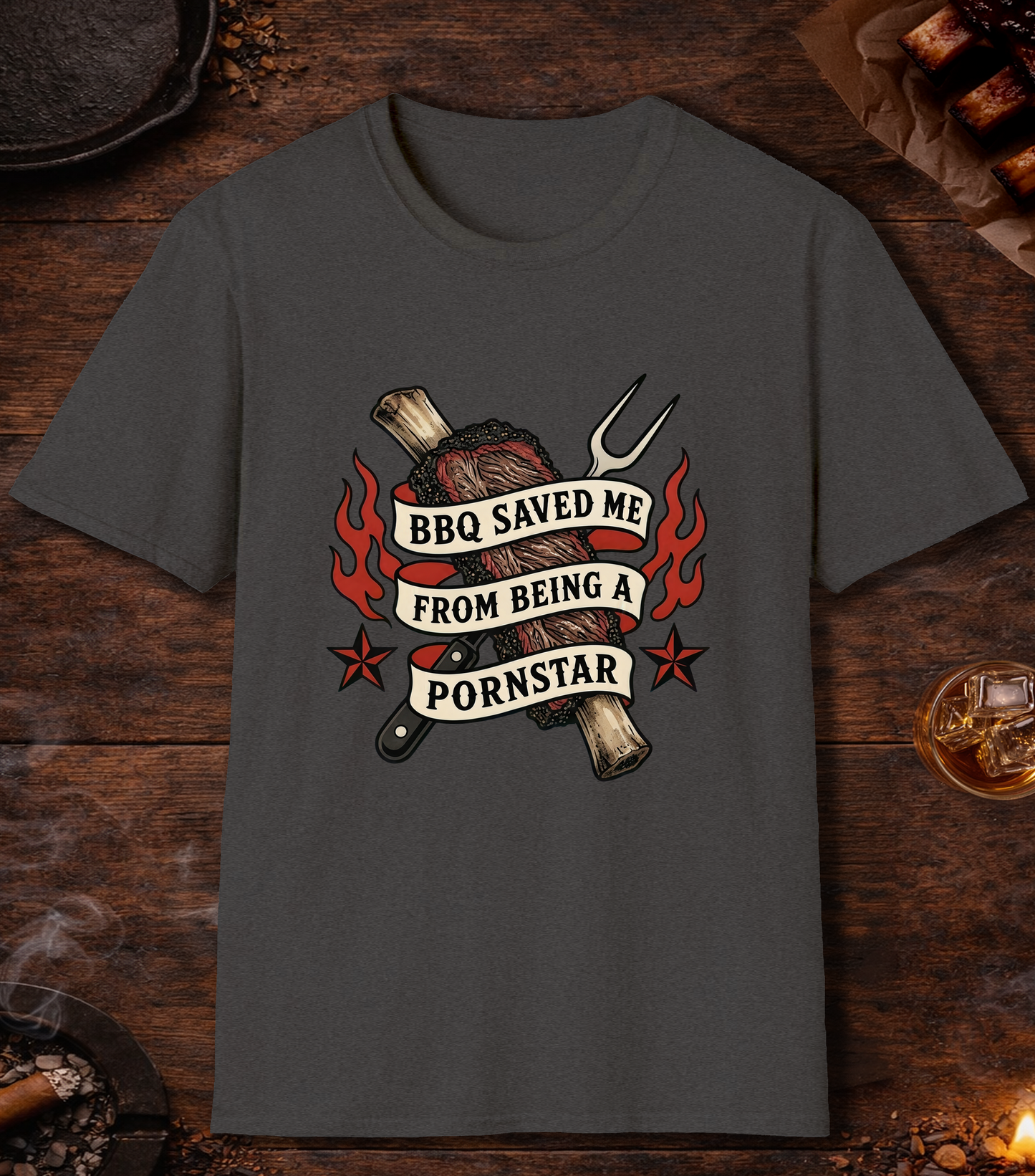 BBQ Saved Me Tattoo T-Shirt - Dark Heather