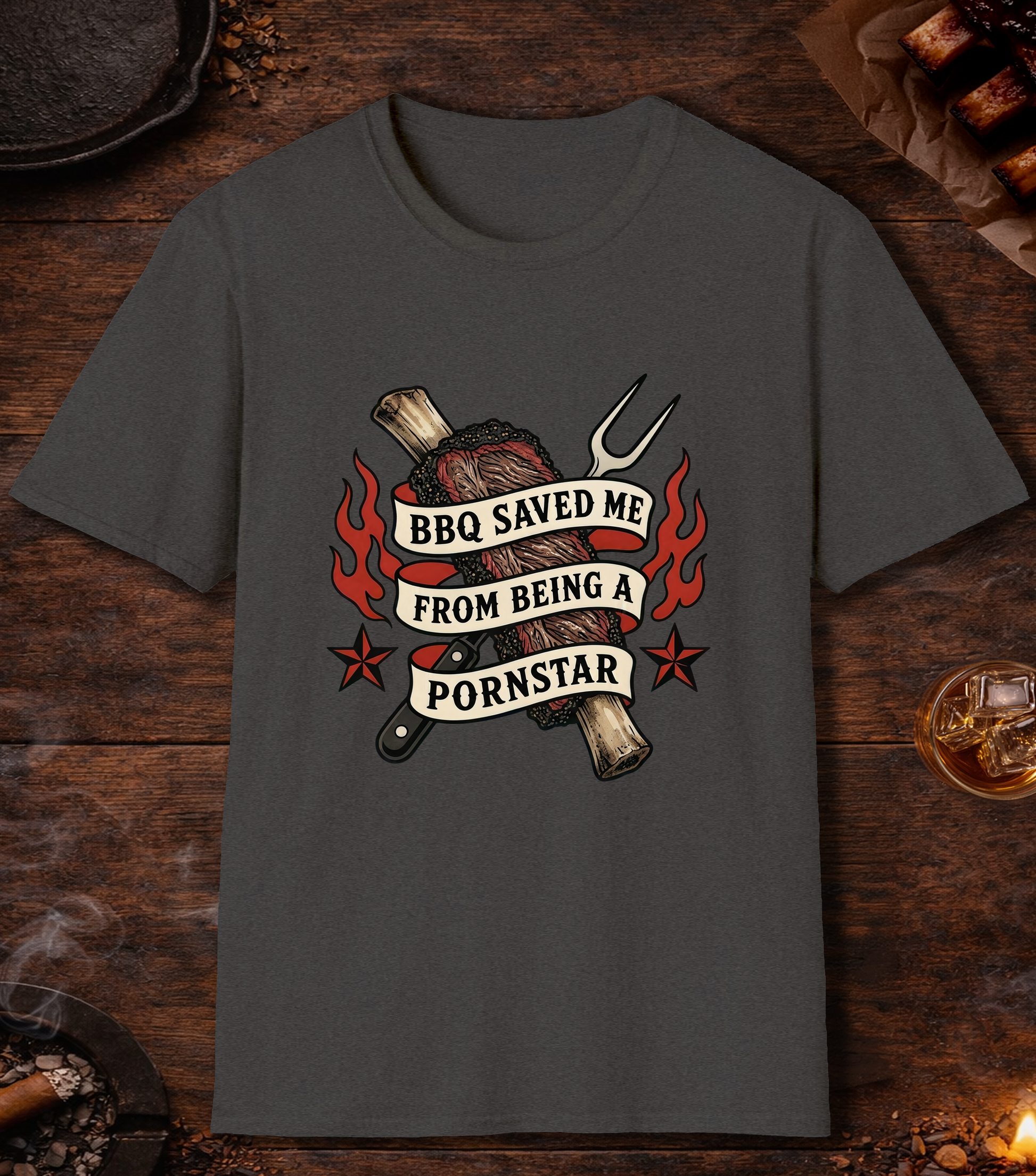 BBQ Saved Me Tattoo T-Shirt - Dark Heather