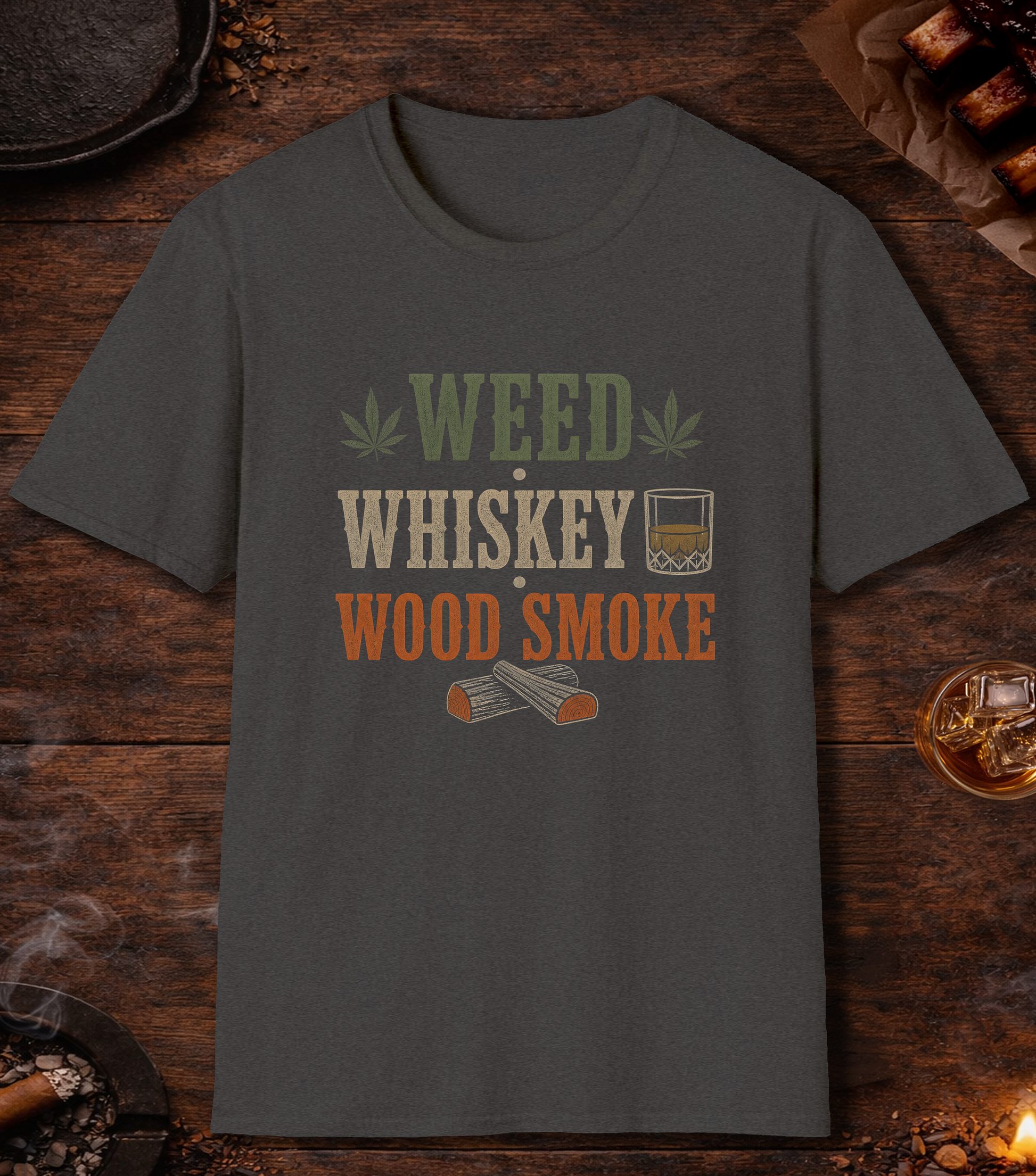 Weed Whiskey Wood Smoke T-Shirt - Dark Heather