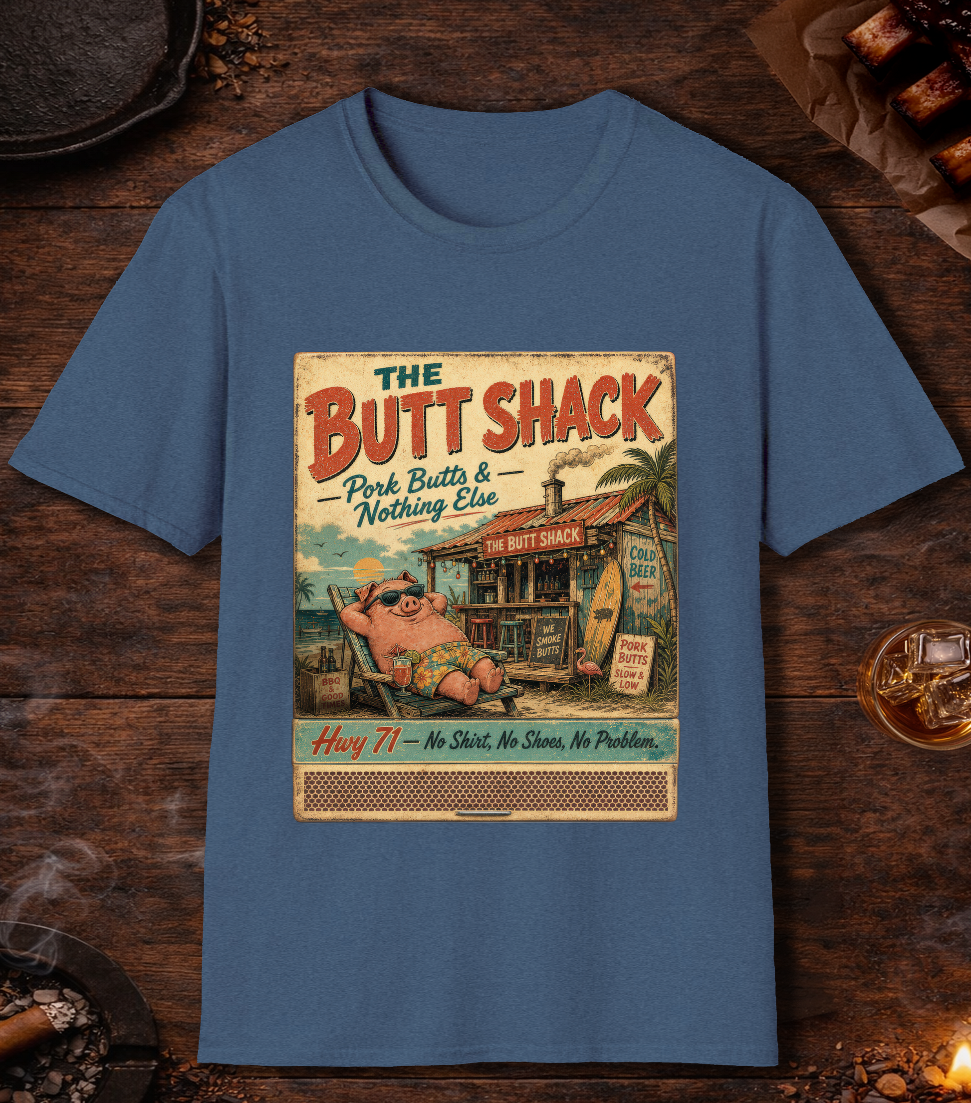 Butt Shack Matchbook T-Shirt - Heather Indigo
