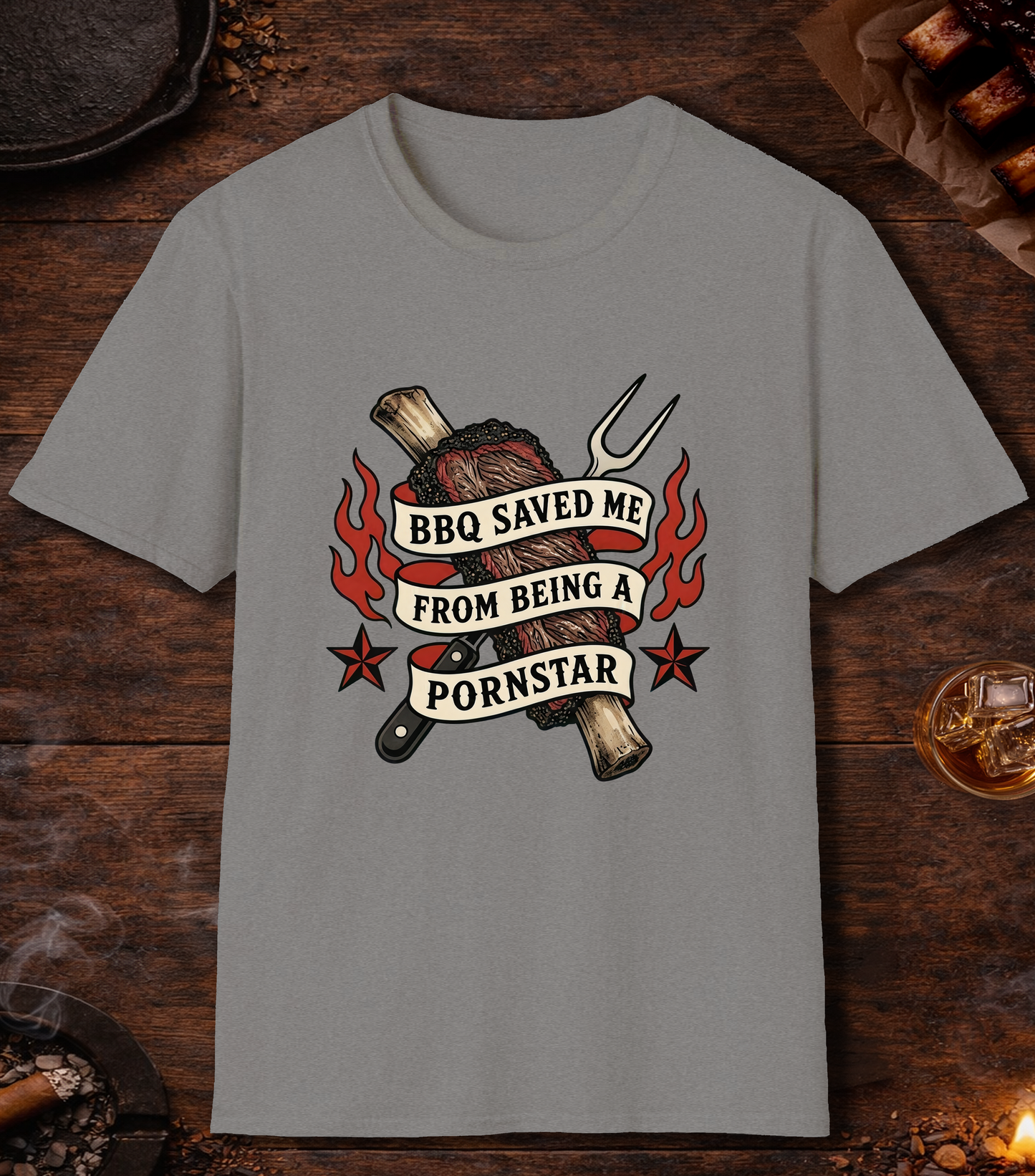 BBQ Saved Me Tattoo T-Shirt - Sport Grey