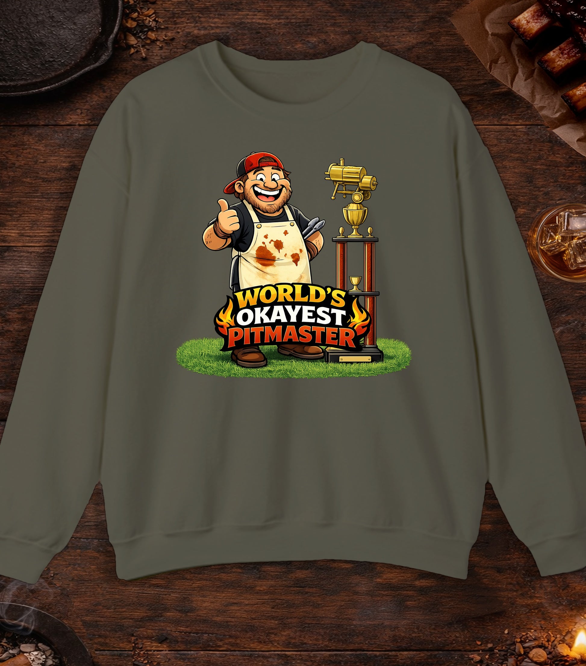 Worlds Okayest Pitmaster Crewneck - Military Green